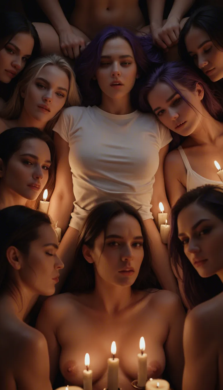 studio quality, sharp focus, 5women, purple hair, white shirt, missionary, candlelight, studio photo
