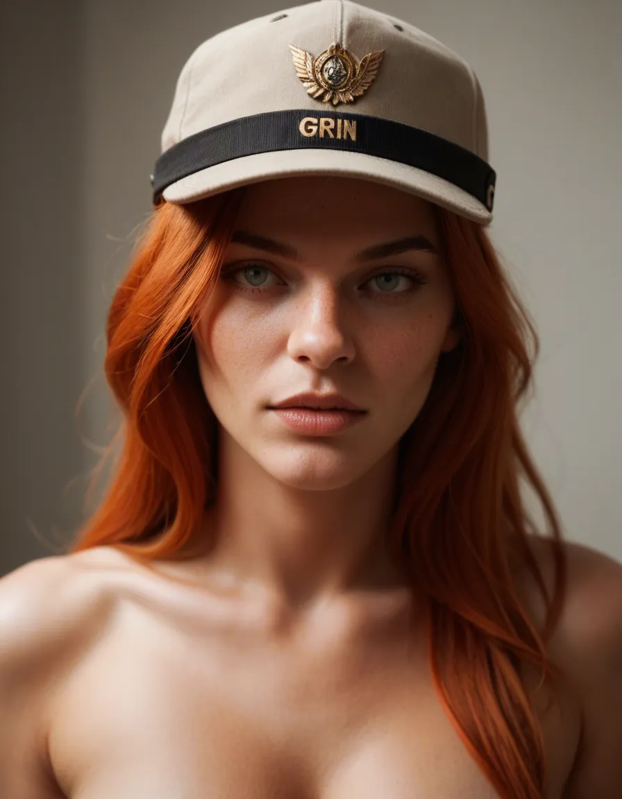 studio quality, sharp focus, redhead woman, hat, fully nude, cinematic realism, score_9, score_8, candid photo, realistic skin texture, visible skin pores, film grain, depth of field