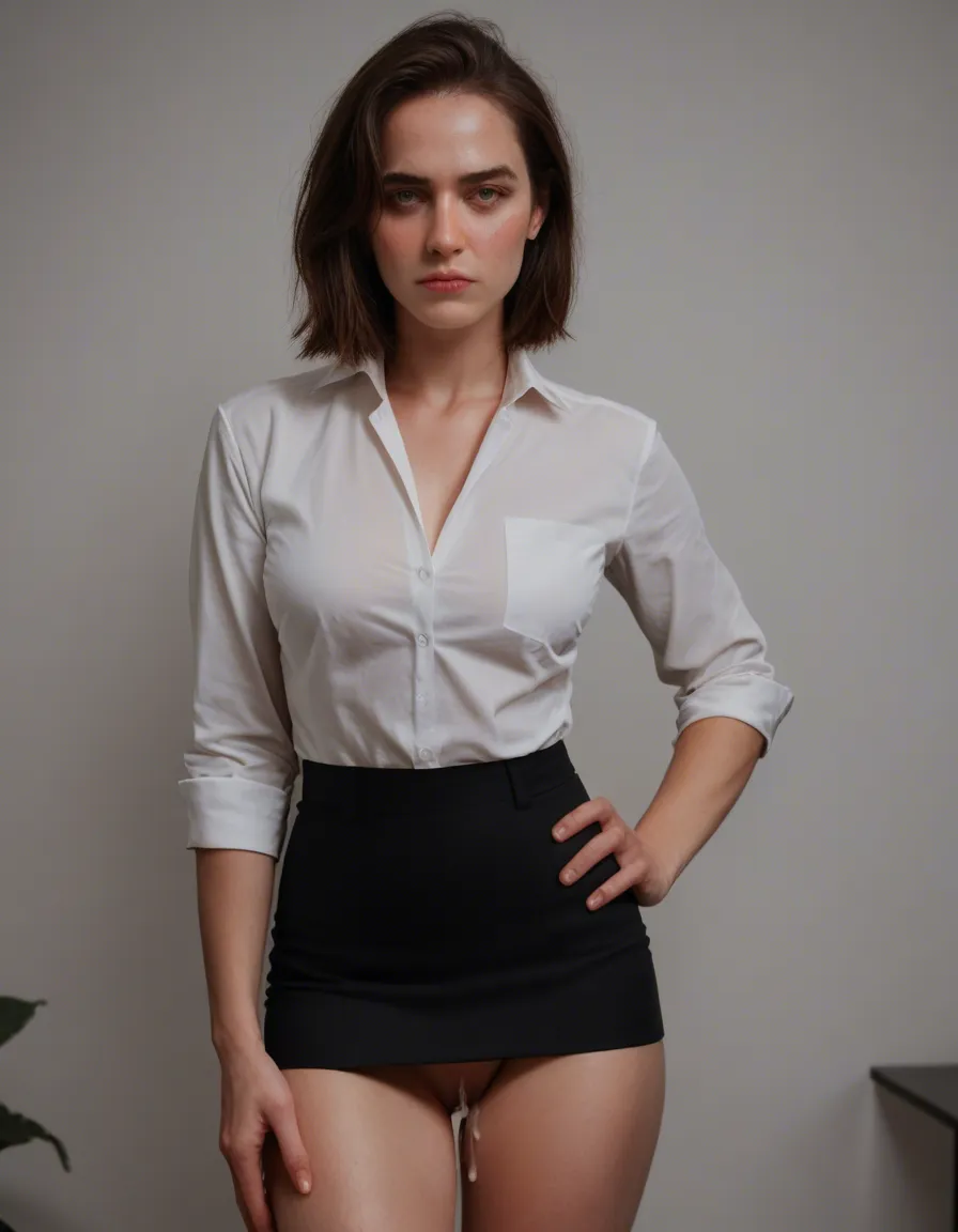 RAW photo, ultra realistic, office lady, creampie, hand on own hip, nervous blush, 8k uhd photo, score_9, score_8, candid photo, realistic skin texture, visible skin pores, film grain, depth of field