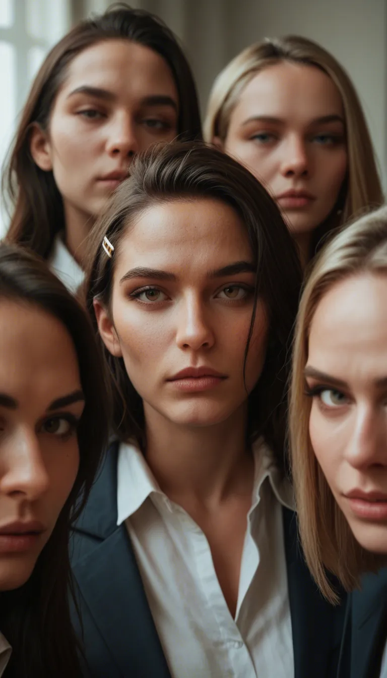 sharp focus, 8k uhd, 3girls, hairclip, collared shirt, presenting, 8k uhd photo