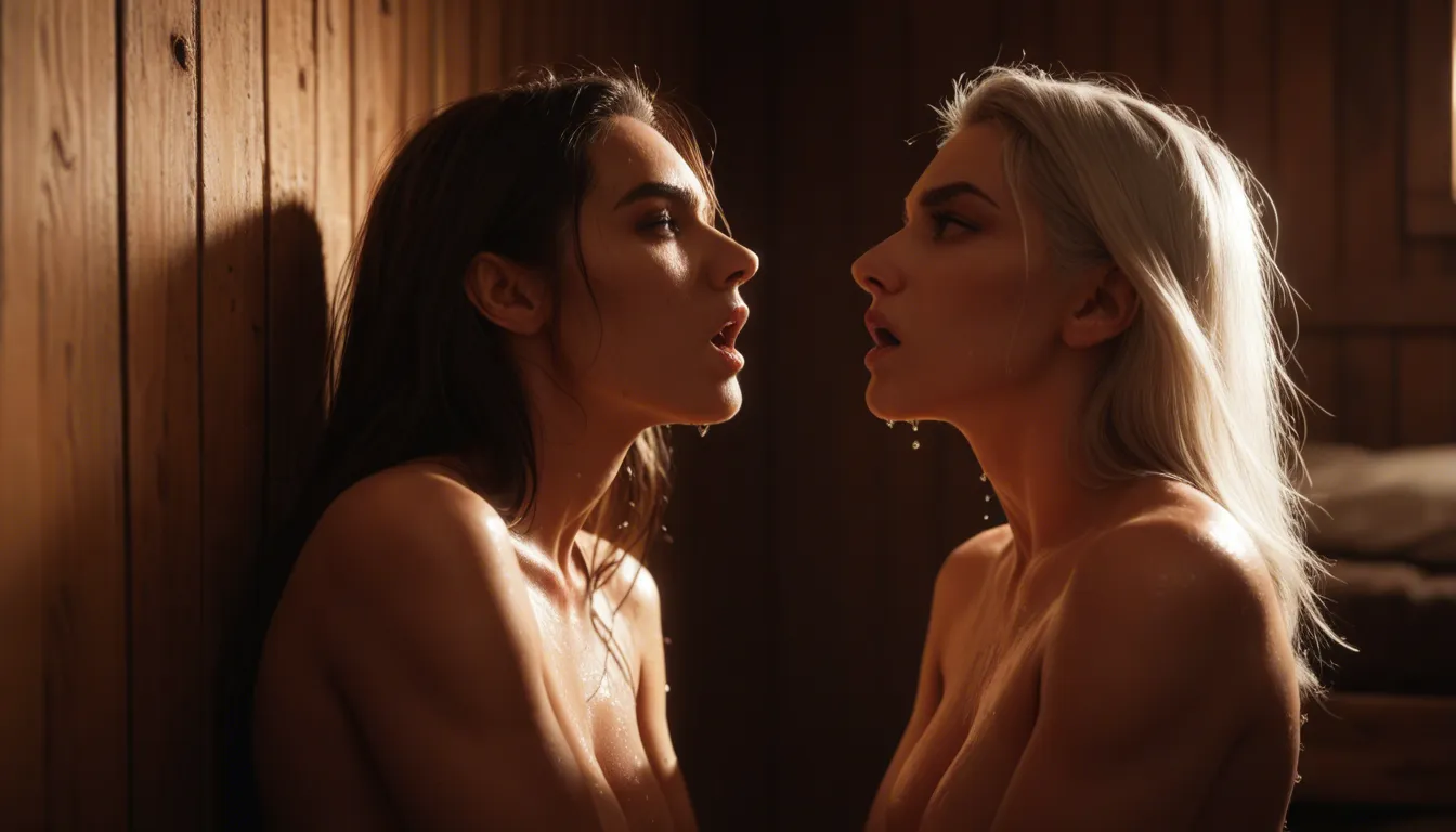 RAW photo, cinematic film still, ultra realistic, score_9, score_8, 2women, 1platinum blonde, 1brunette, looking at each other, inside cabin, wooden wall, cozy dim lighting, warm atmosphere, horniness, horny, horny expression, open mouth, wet skin, sweat, fingers inside the pussy, pastel blue bikini, pastel pink bikini, mid-thigh shot, score_9, score_8, cinematic film still, anamorphic, film grain, dramatic lighting, shallow depth of field