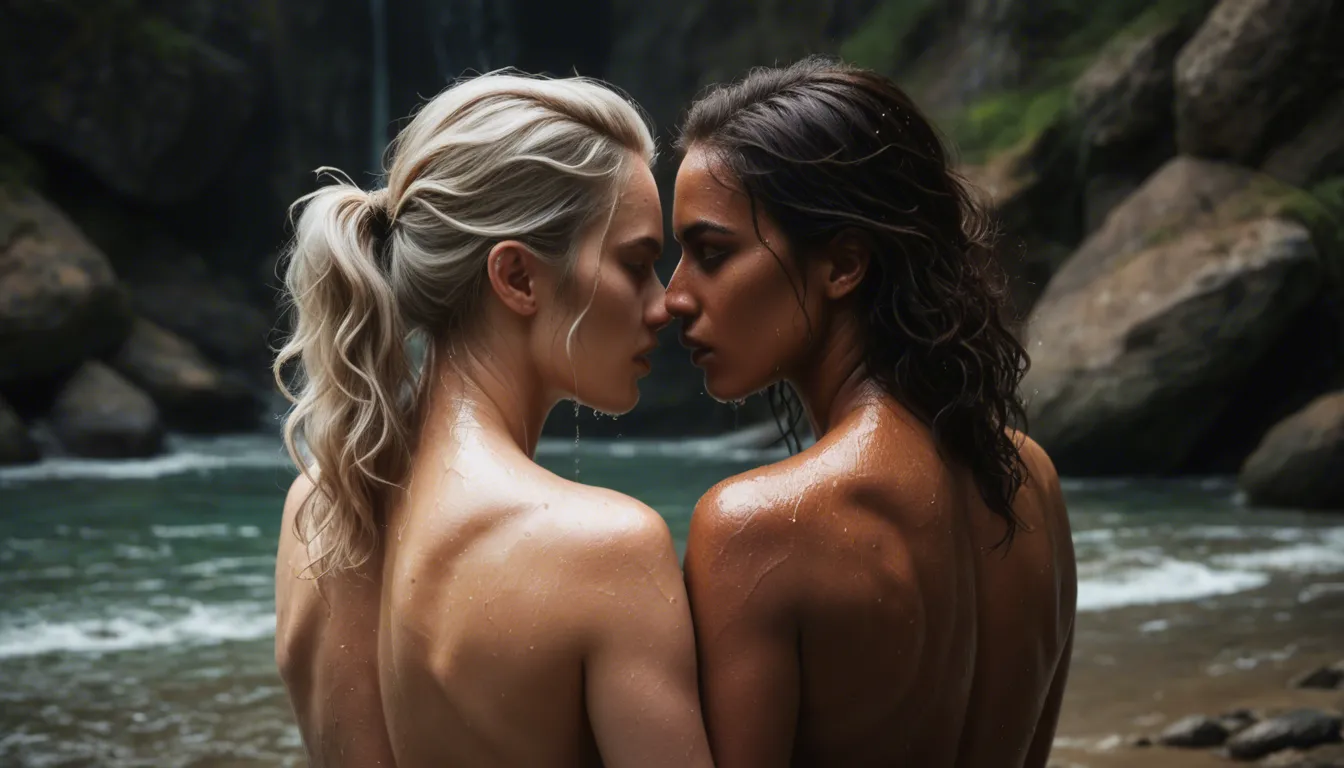 RAW photo, cinematic film still, ultra realistic, score_9, score_8, two attractive 20-year-old women, 1platinum blonde with long wet wavy hair, 1brunette with a brown ponytail partially facing away from the camera showing her backside, standing close in a luxury dark cave pool, wide mid-thigh shot, looking at each other, gentle smile, relaxed conversation, wet skin, water droplets, wearing tiny solid color micro bikinis, one pastel purple, one peach, background is a highly detailed black basalt rock wall, twilight, dim lighting, soft diffused daylight, deep focus, highly detailed dark stone texture, score_9, score_8, cinematic film still, anamorphic, film grain, dramatic lighting, shallow depth of field