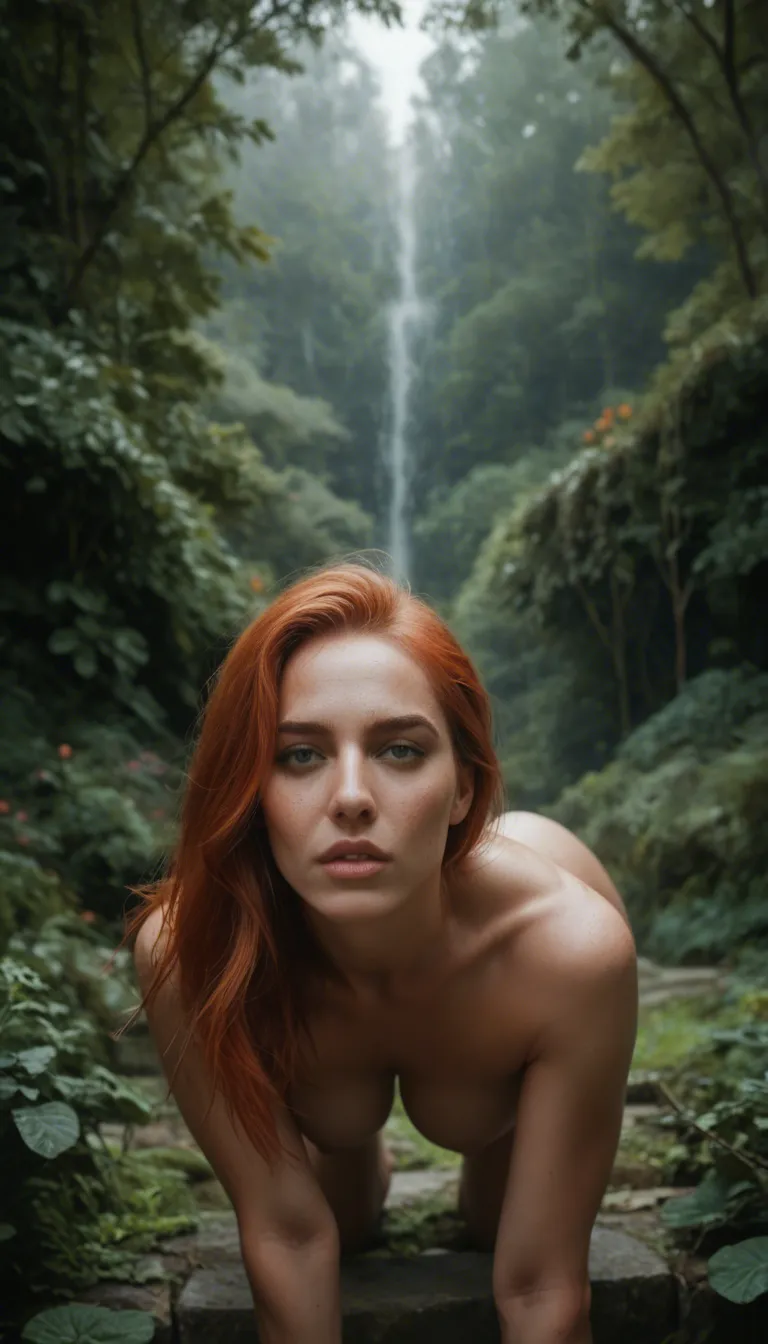 Redhead doggystyle in Garden during thunderstorm