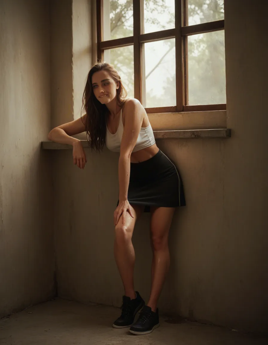 highly detailed, natural lighting, princess, black footwear, black skirt, biting lip, wet pussy, day, full body, window light, dslr quality, score_9, score_8, candid photo, realistic skin texture, visible skin pores, film grain, depth of field