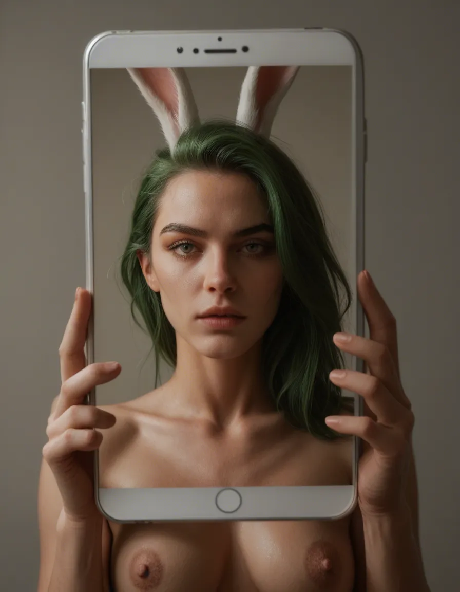 ultra HD, lifelike, bunny woman, green hair, alternate costume, futanari, lifelike render, score_9, score_8, amateur photo, phone snapshot, realistic skin texture, skin blemishes, soft indoor lighting