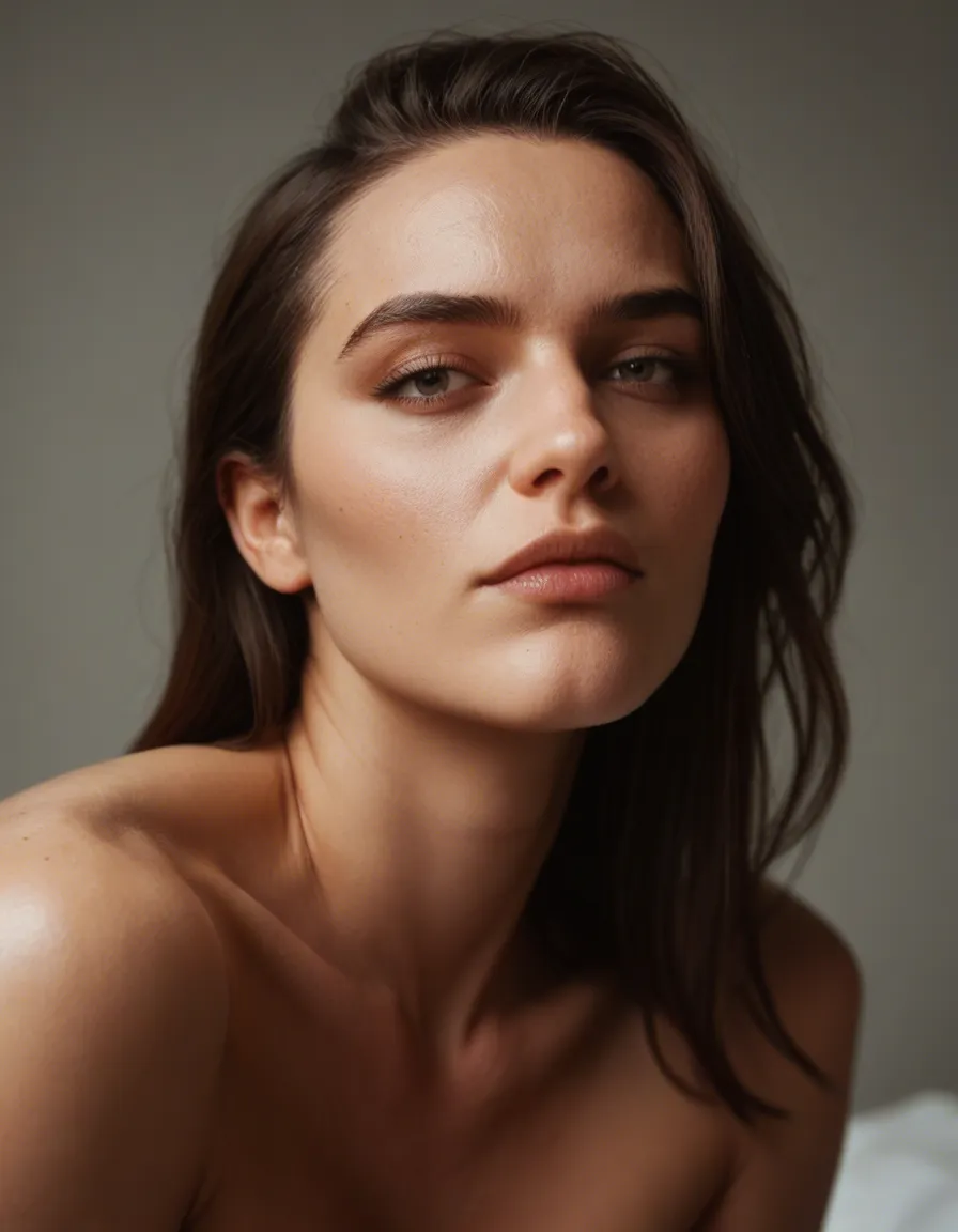 artsy professional photo, high detail, 1girl, brunette, shaved half of head other half mid-length, small tits, taking bbc, passionate, score_9, score_8, candid photo, realistic skin texture, visible skin pores, film grain, depth of field
