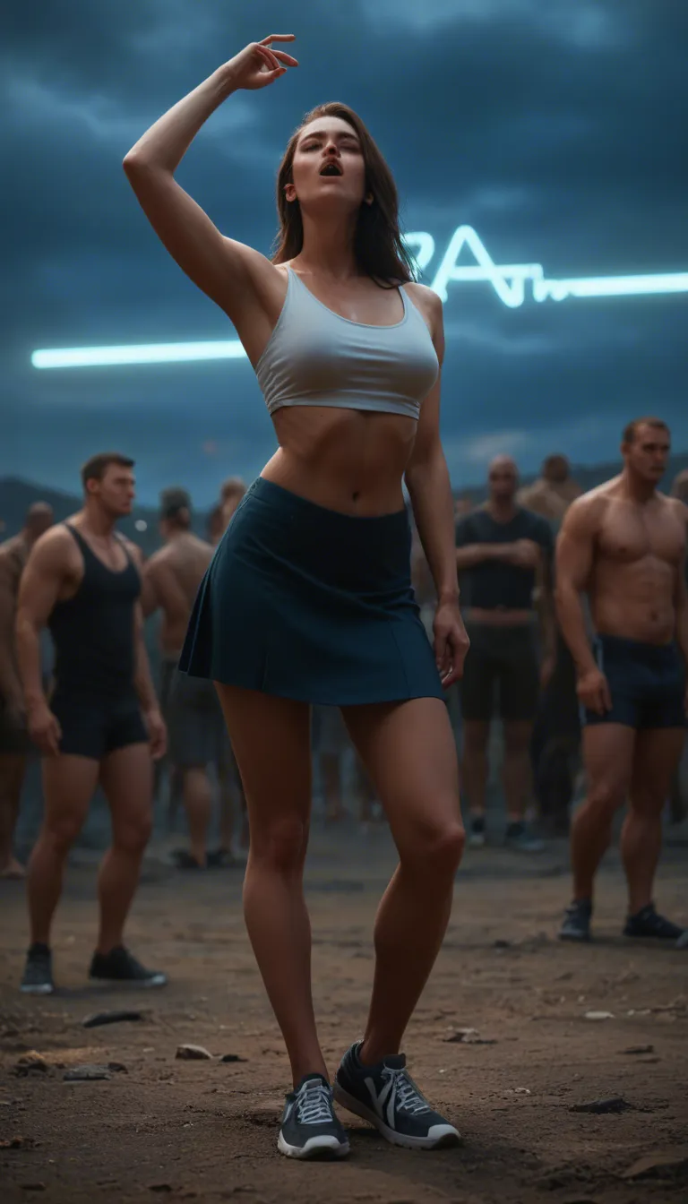 multiple_women tra HD, lifelike, male focus, armpits, skirt, hip sway, orgasm, blue sky, full body, neon glow, studio photo