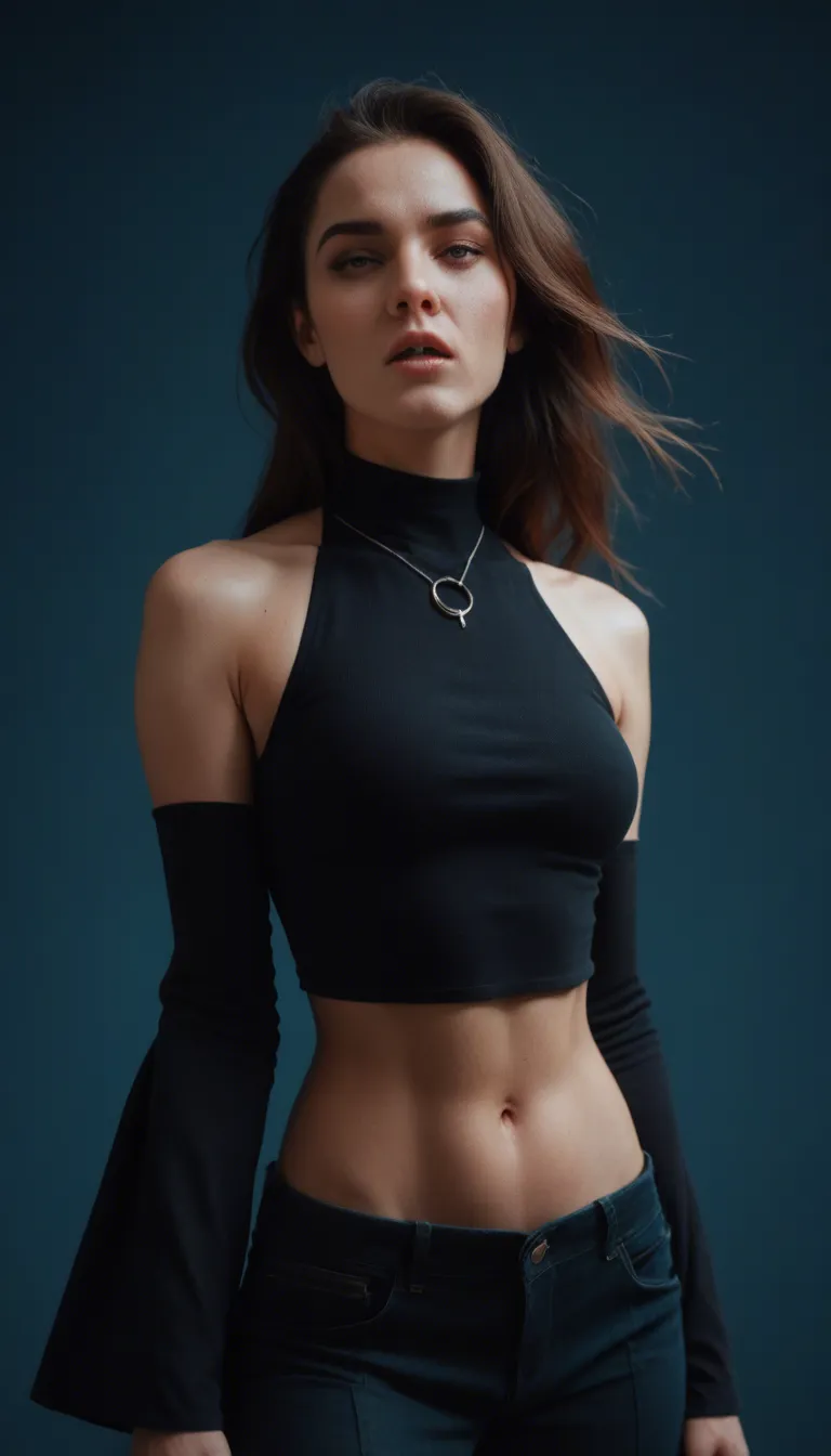 ultra HD, lifelike, witch, midriff, detached sleeves, orgasm, blue background, 8k uhd photo
