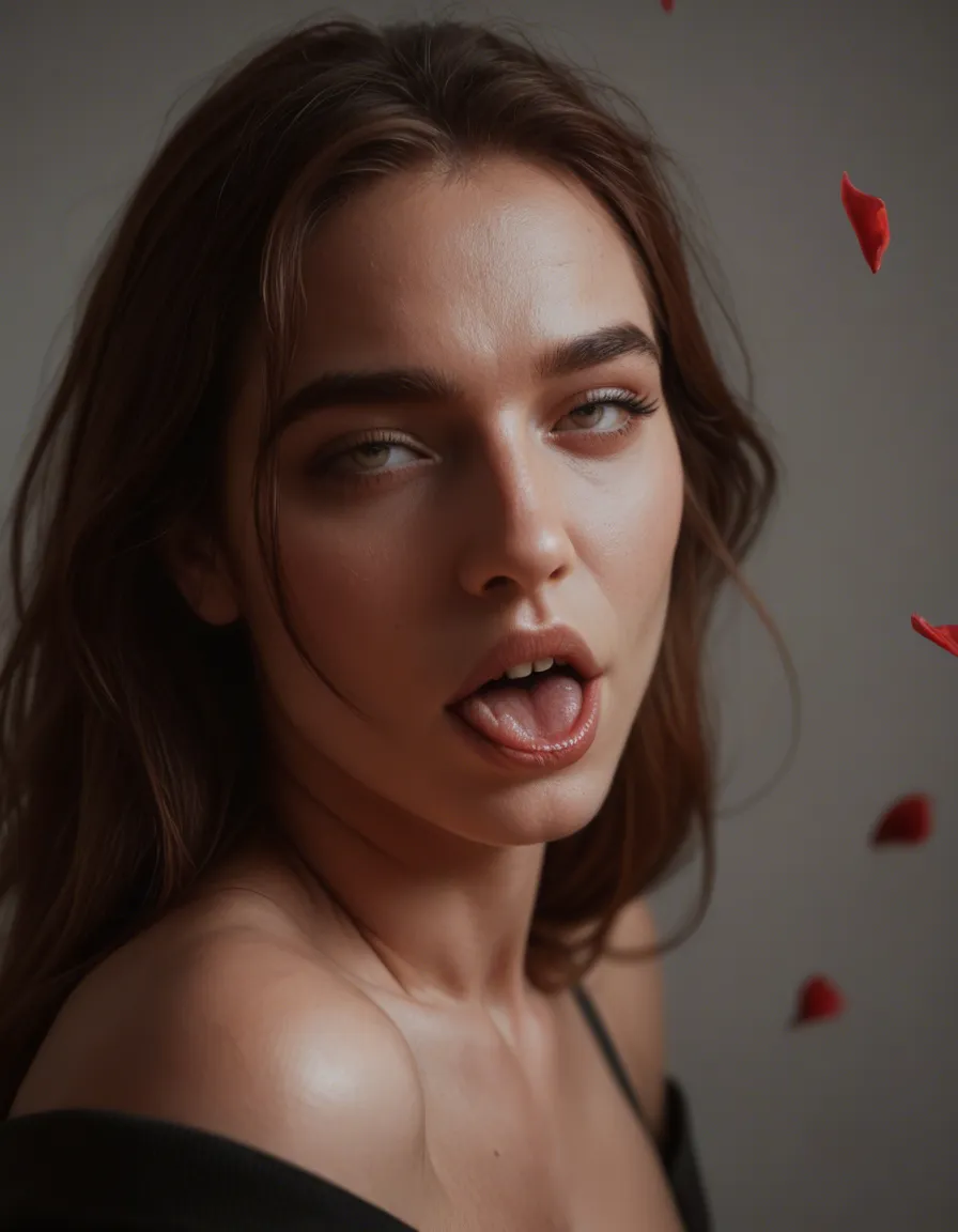 dslr, film grain, photorealistic, 1 1boy thigh boots, shoes, bedroom eyes, ahegao, petals, cowboy shot, 8k uhd photo, score_9, score_8, candid photo, realistic skin texture, visible skin pores, film grain, depth of field