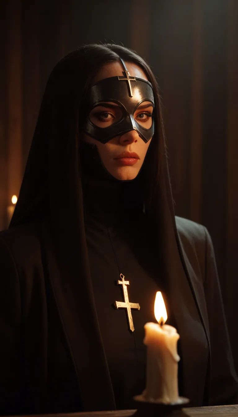 **Initial State:**
The scene is a candle-lit ballroom filled with masked observers. In the center stands a large wooden cross. A soft, curvy, and voluptuous woman is leaning her back against the rough-hewn timber. Her arms are gently but firmly secured to the crossbeams and her legs are fastened to the base with lengths of rope, leaving her restrained in an open, vulnerable position. She is wearing a silky red dress that clings to her curves.

**Change/Action:**
As she settles into the restraints, two men step forward from the shadows of the ballroom. They simultaneously reach out, their palms making contact with her skin; one begins to stroke her cheek and the curve of her neck, while the other starts at her shoulder. In a synchronized, slow motion, they glide their hands downward, tracing the contours of her chest and the swell of her waist through the red silk, moving toward her thighs and then sweeping back up her sides in a rhythmic, provocative pattern.