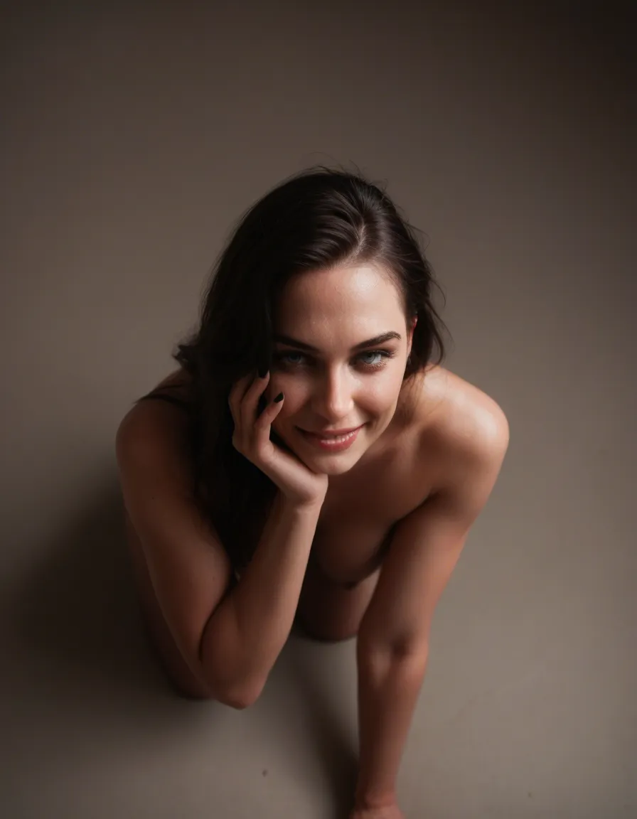 RAW photo, ultra realistic, from above, succubus, bent over, curvy figure, shy smile, lifelike render throbbing, score_9, score_8, candid photo, realistic skin texture, visible skin pores, film grain, depth of field