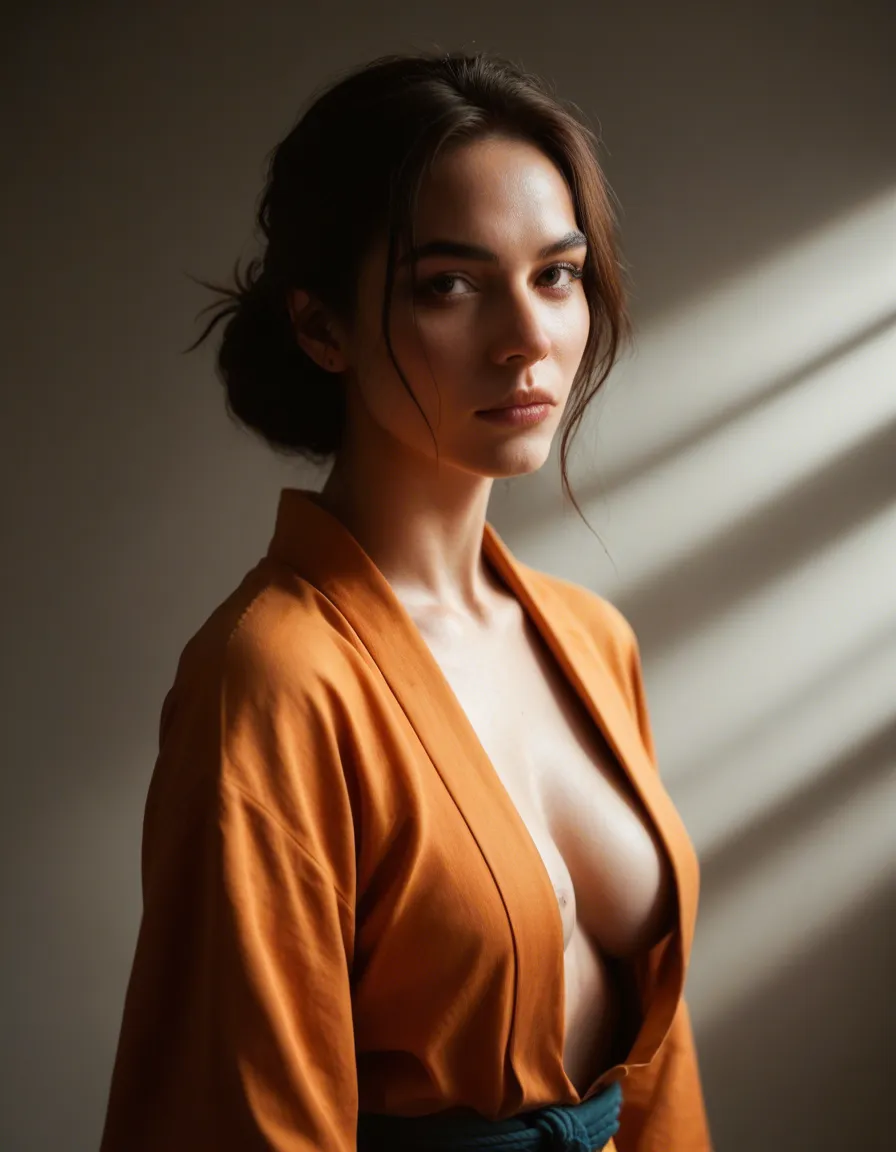 cinematic photo, 8k, 1woman, japanese clothes, presenting, spotlight, studio photo, score_9, score_8, candid photo, realistic skin texture, visible skin pores, film grain, depth of field