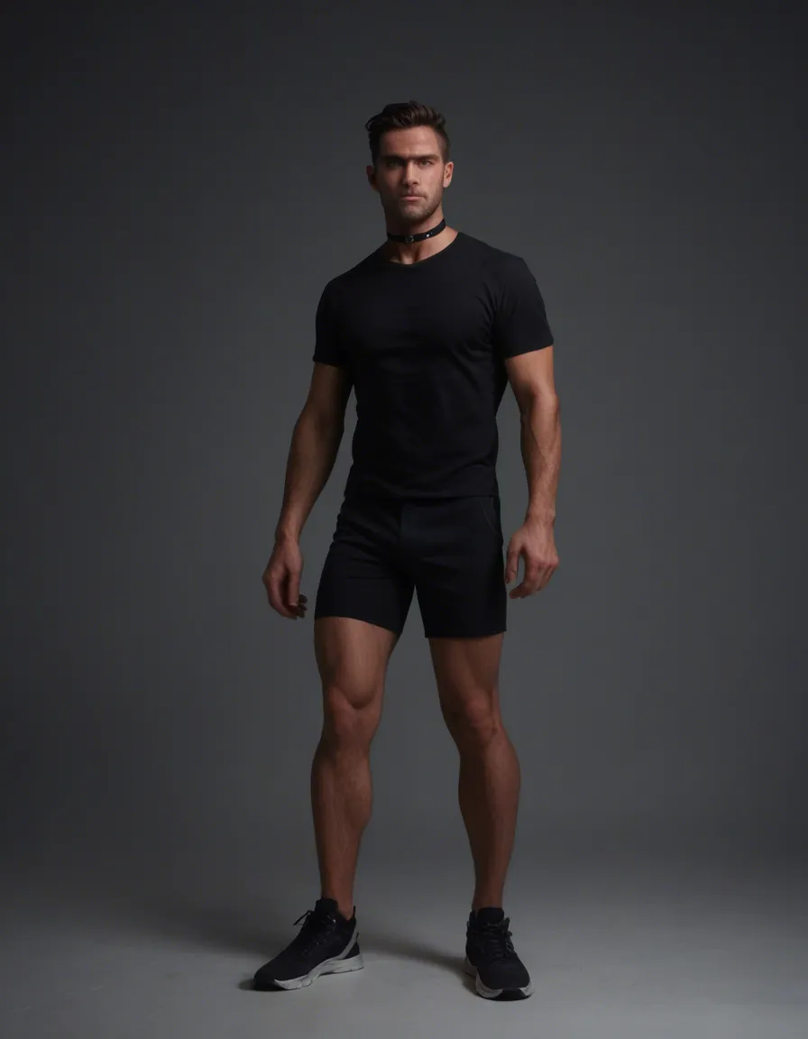 RAW photo, ultra realistic, male focus, choker, leg up, 8k uhd photo, score_9, score_8, candid photo, realistic skin texture, visible skin pores, film grain, depth of field