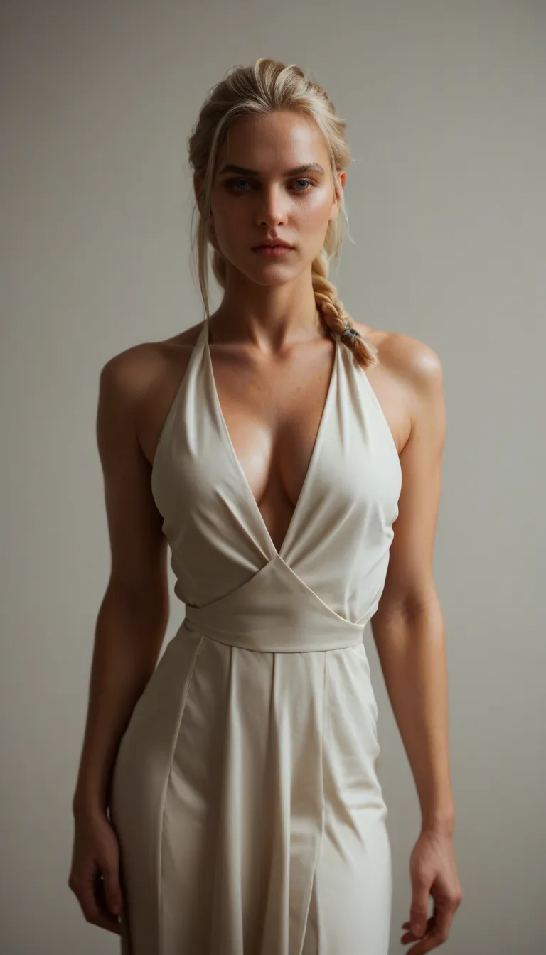 Ultra-HD, lifelike 18-year-old blonde with very long hair braided into a ponytail, wearing short summerdress. She is sexually inexperienced and kneeling in front of me. She is impressed by my large penis and is trying to take it fully into her mouth for a blowjob.