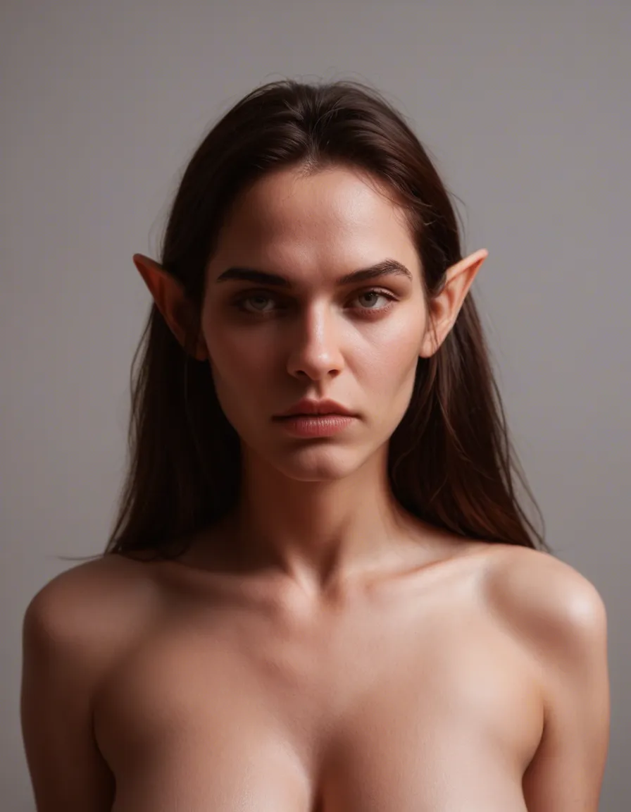 best quality, hyperrealistic, portrait, 1girl, topless, pointy ears, simple background, dominant stare, dslr quality, score_9, score_8, candid photo, realistic skin texture, visible skin pores, film grain, depth of field