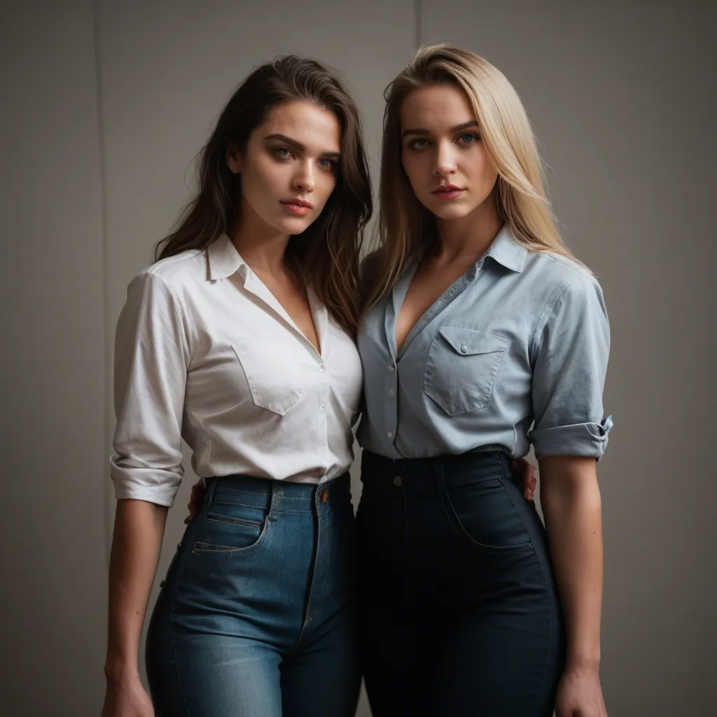 RAW photo, dslr, photorealistic, 8k uhd photo, cinematic realism, professional studio lighting, medium shot, frame from top of head to mid-thigh, two beautiful women of the same height facing each other, one blonde woman, one brunette woman, one woman showing a partial back view, both wearing tight micro bikinis, strappy string bikinis, covered breasts, covered pussy, dynamic pose, dark blue studio background, soft shadows, volumetric light, highly detailed skin texture, lifelike render, score_9, score_8, candid photo, realistic skin texture, visible skin pores, film grain, depth of field