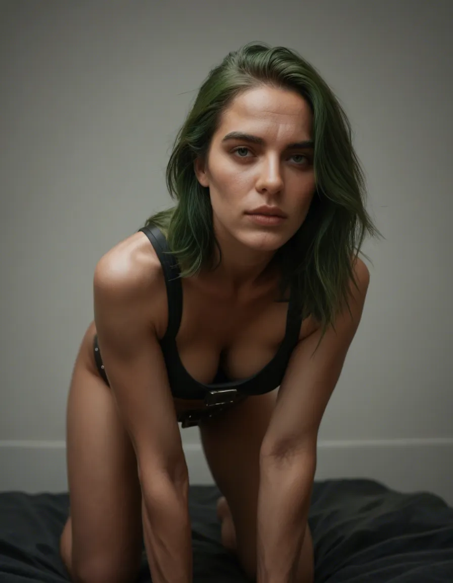 dslr, film grain, photorealistic, solo, green hair, belt, on all fours, film photography, score_9, score_8, candid photo, realistic skin texture, visible skin pores, film grain, depth of field