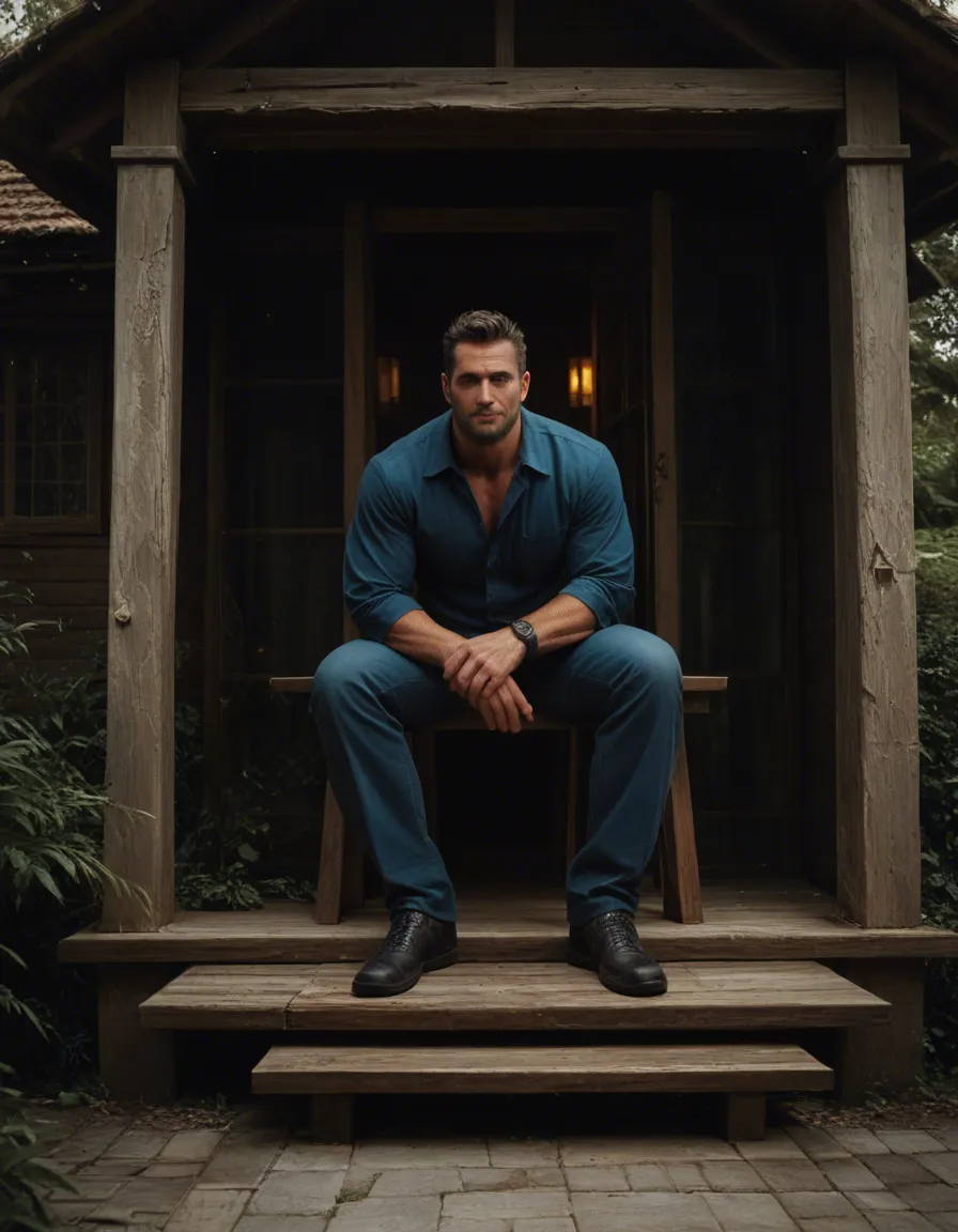 masterpiece, best quality, amazing quality, very aesthetic, absurdres, newest, subsurface scattering, aesthetic light, very awa, realistic, scenery,
 bara, male focus,vfull body, realistic, porn photo, full body, on a porch, a man sits on the porch, loose bathrobe, man is extremely hairy, muscle-chub, big body, big pecs, bullneck, round belly, muscle-chub, mustache, perfect eyes, wide chin, double chin, narrow forehead, bushy eyebrows, beard, hair, big bulge, balls, penis, foreskin, precum drip, veiny balls., score_9, score_8, candid photo, realistic skin texture, visible skin pores, film grain, depth of field