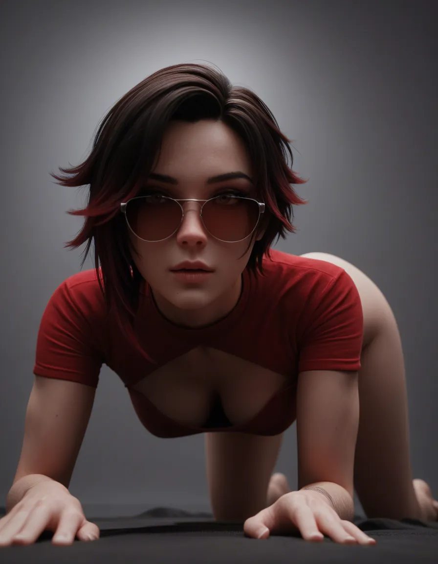 sharp focus, 8k uhd, from from_below l, on all fours, sunglasses, blurry background, submissive blush, ruby_rose(rwby), original_style, score_9, score_8, 3d render, octane render, subsurface scattering, ray tracing, smooth shading