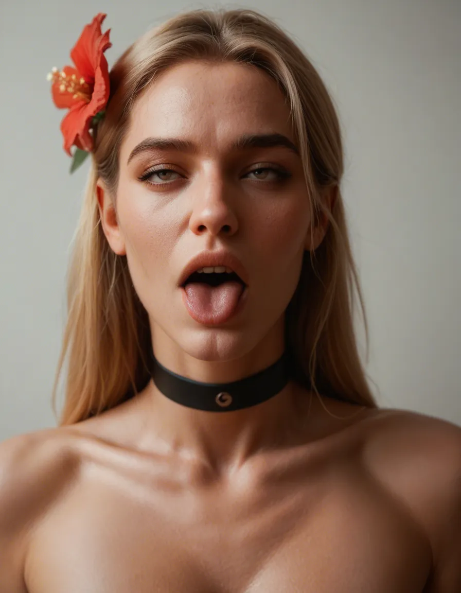 ultra HD, lifelike, male focus, hair flower, choker, ahegao, RAW photo, score_9, score_8, candid photo, realistic skin texture, visible skin pores, film grain, depth of field