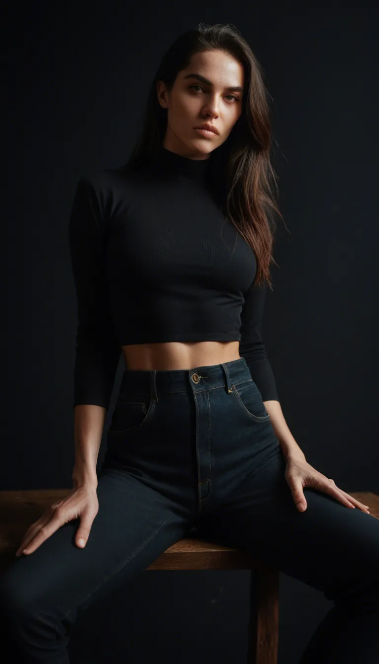 studio quality, sharp focus, 1other, black thighhighs, pants, hand on hip, spread legs, black background, natural skin texture