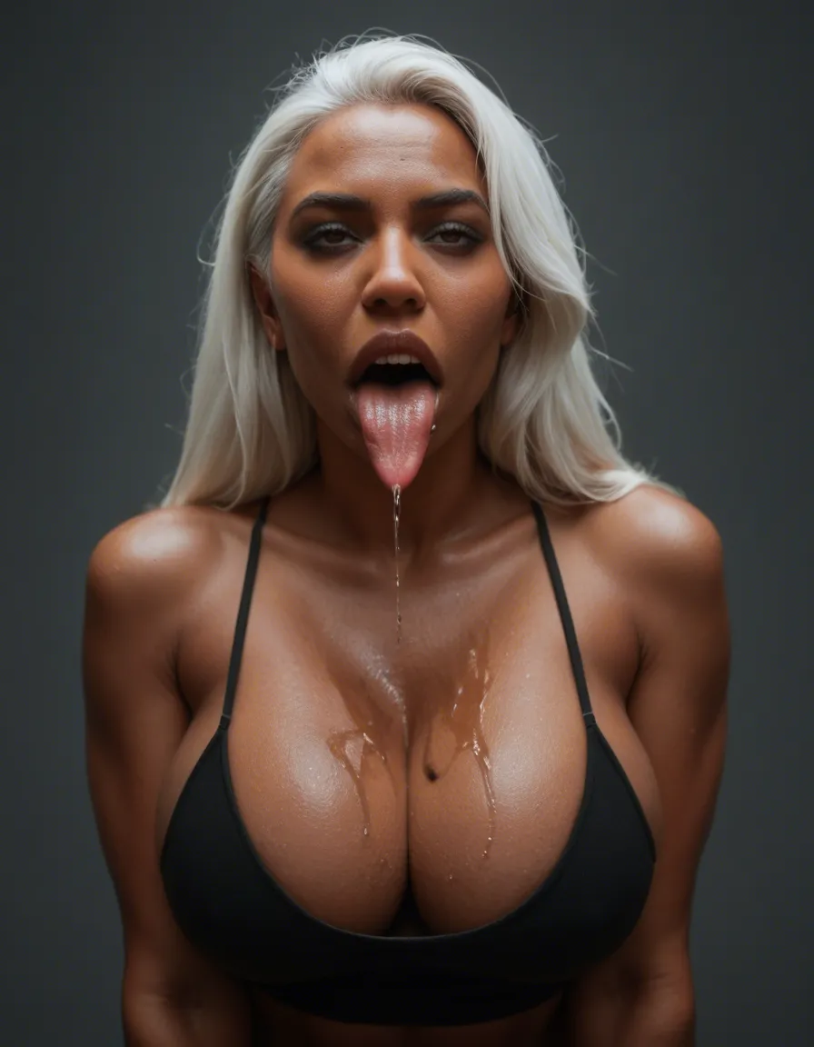 Black milf with pitch black skin and long straight fantasy white hair. ahegao face long tongue out. Drool pouring out her mouth with her arms crossed under her massive breasts, score_9, score_8, candid photo, realistic skin texture, visible skin pores, film grain, depth of field
