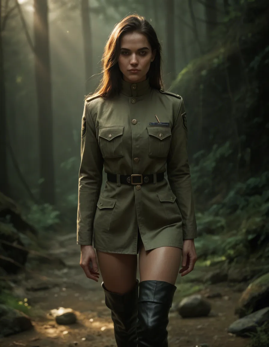 highly detailed, natural lighting, 1other, presenting, thigh boots, military, relaxed mood, RAW photo, score_9, score_8, candid photo, realistic skin texture, visible skin pores, film grain, depth of field