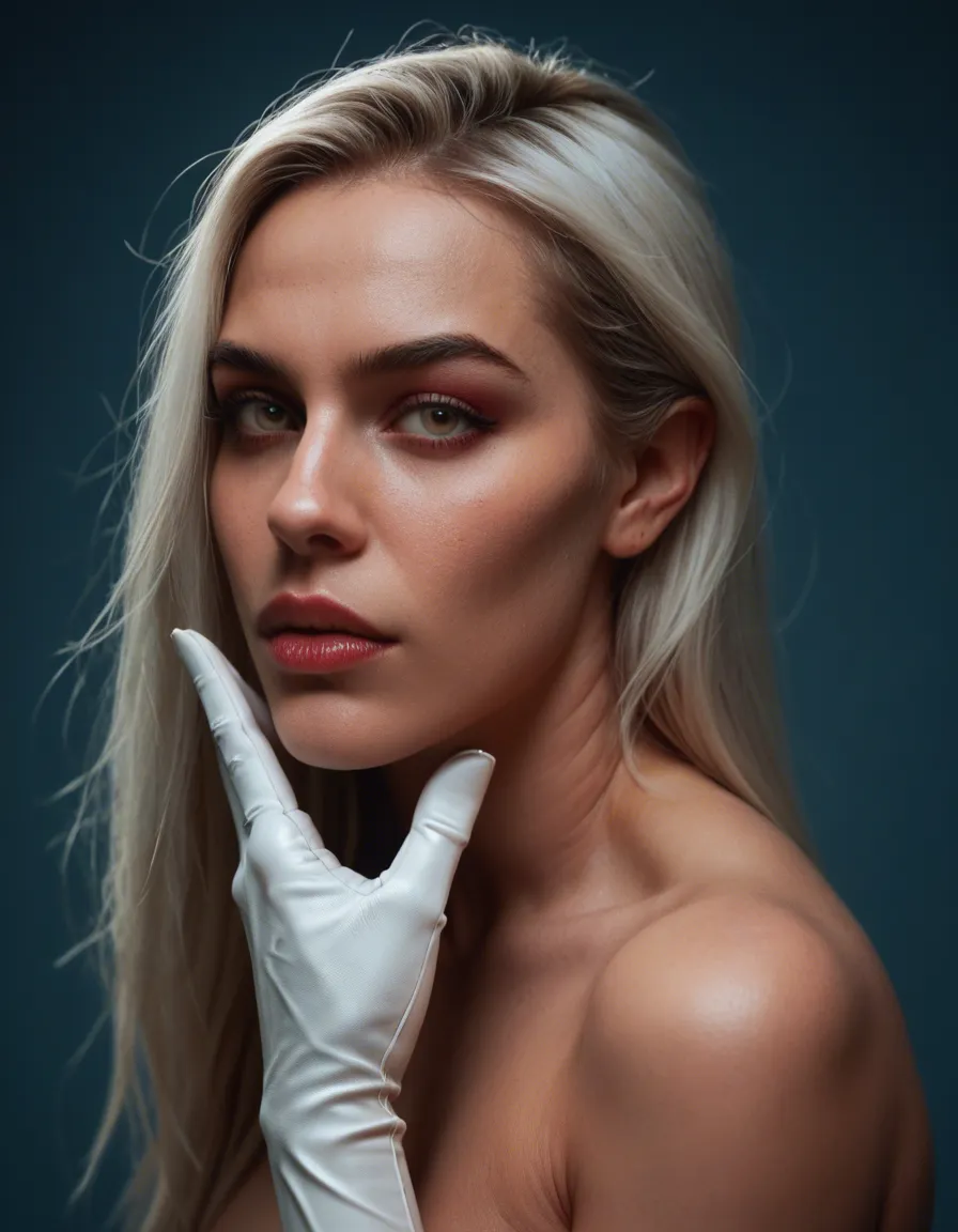 8k, sharp focus, detailed skin, succubus, white thighhighs, gloves, futanari, blue background, hyperrealistic, score_9, score_8, candid photo, realistic skin texture, visible skin pores, film grain, depth of field
