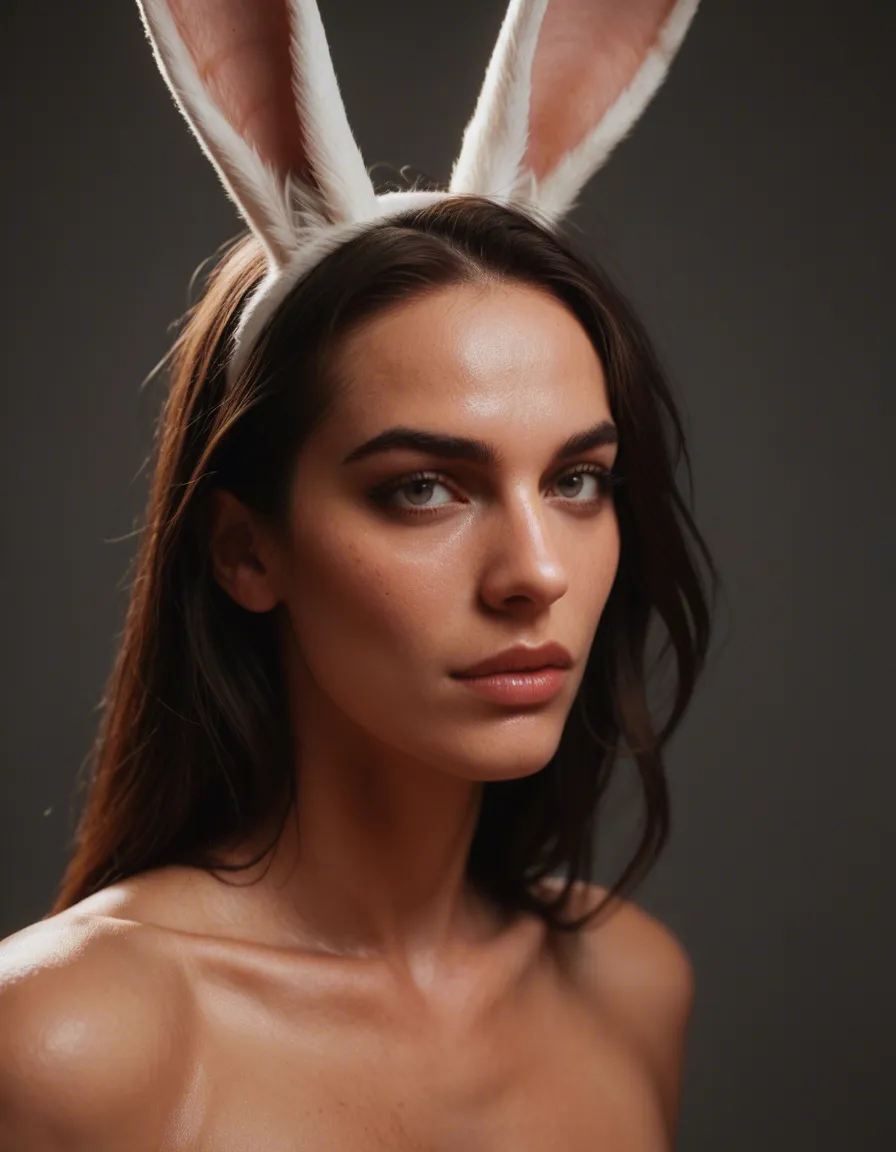 girl in bunny ears dominating a man, score_9, score_8, candid photo, realistic skin texture, visible skin pores, film grain, depth of field