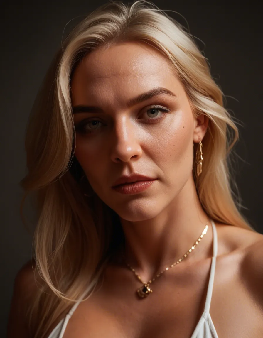 RAW photo, ultra realistic, milf, blonde hair, jewelry, presenting, dramatic lighting, 8k uhd photo, score_9, score_8, candid photo, realistic skin texture, visible skin pores, film grain, depth of field