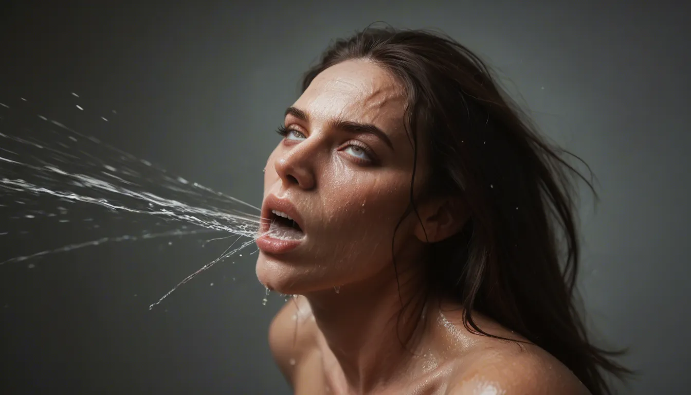 Thrusting in mouth, wet face, face against hairy crotch, rolling_eyes , bouncing_breasts