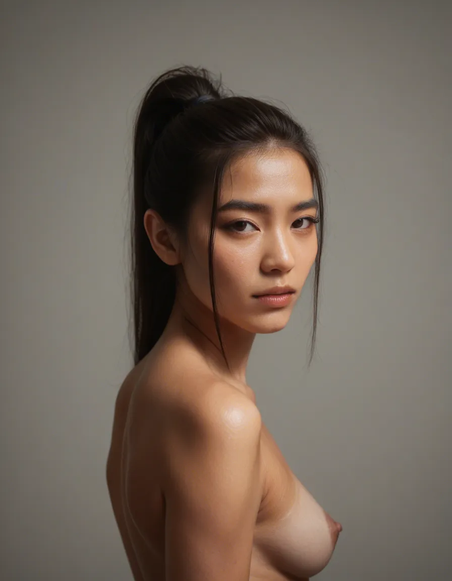 hue volpous body with xl tits large ass, asian with ponytail, score_9, score_8, candid photo, realistic skin texture, visible skin pores, film grain, depth of field