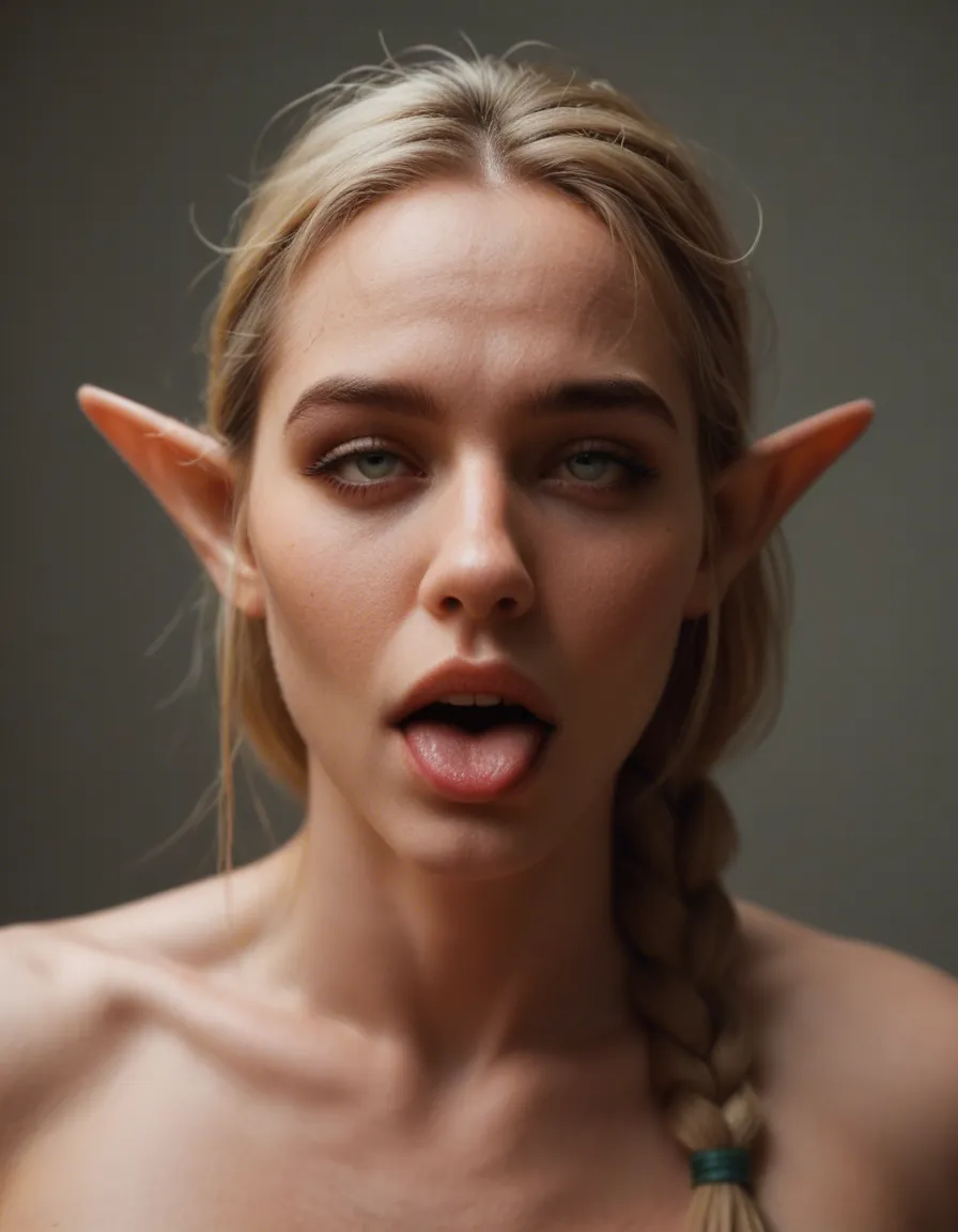 RAW photo, ultra realistic, elf woman, single braid, official alternate costume, ahegao, hyperrealistic, score_9, score_8, candid photo, realistic skin texture, visible skin pores, film grain, depth of field