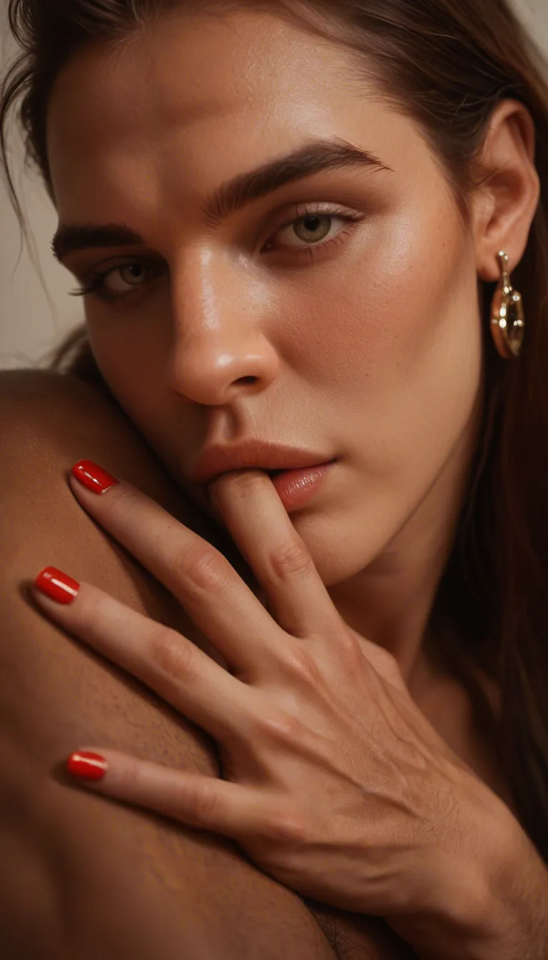 sharp focus, 8k uhd, male focus, nail polish, earrings, fingering, full body, golden hour, hyperrealistic
