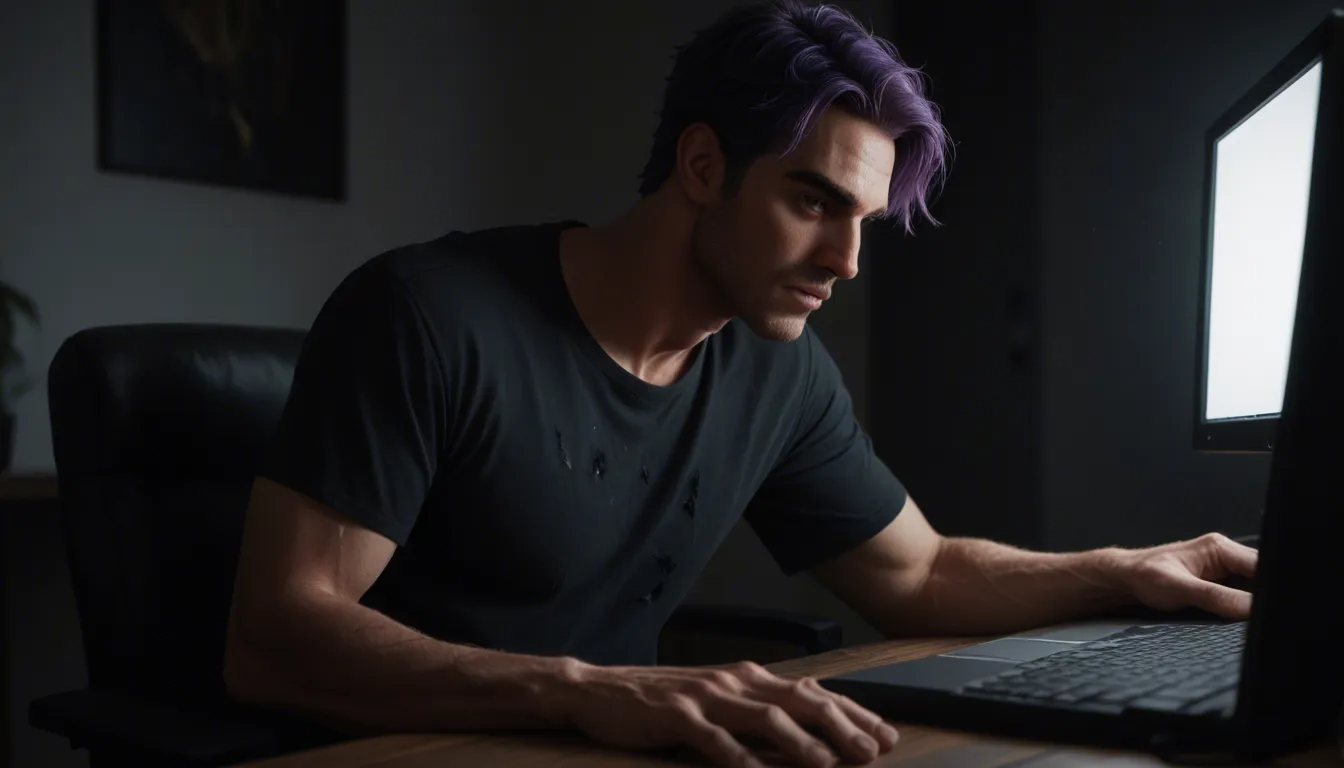 highly detailed, natural lighting, 1boy, short purple hair, torn cloths, sitting in front of a computer, watching solo gay porn, masturbating vigorously, cumshots, moaning,