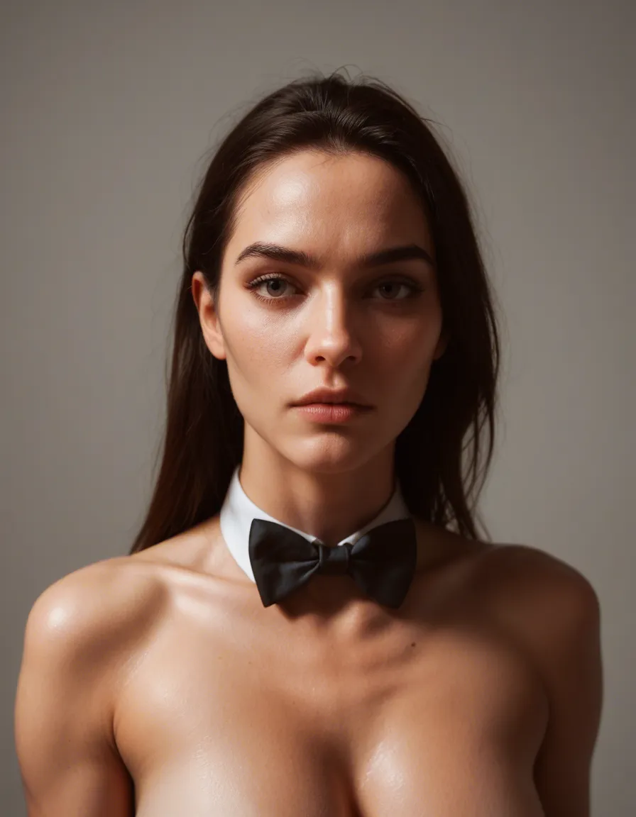 ultra HD, lifelike, fitness model, bowtie, fully nude, soft lighting, cinematic realism, score_9, score_8, candid photo, realistic skin texture, visible skin pores, film grain, depth of field