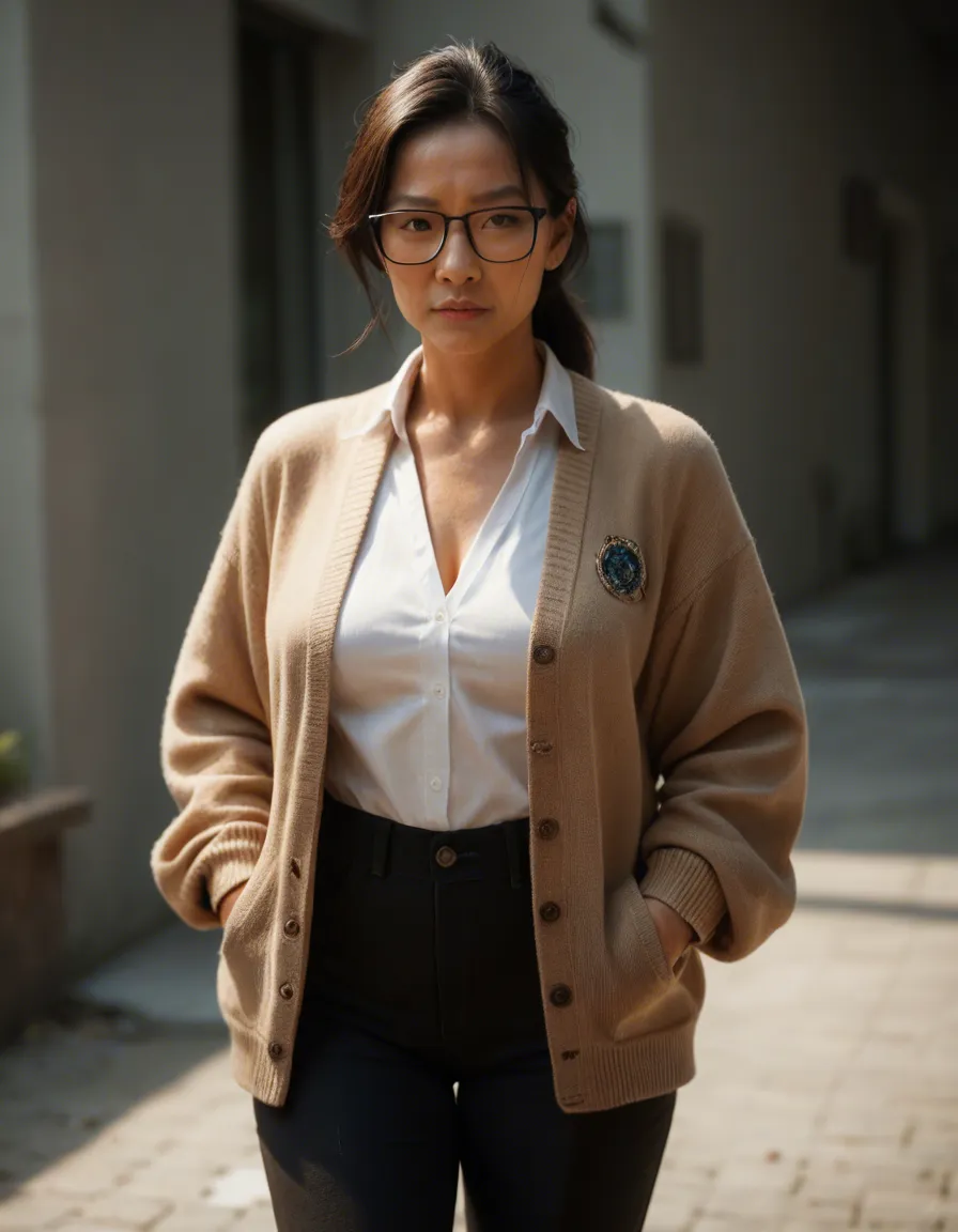 Short asian milf professor, glasses , cardigan, black pants , open_fly, score_9, score_8, candid photo, realistic skin texture, visible skin pores, film grain, depth of field