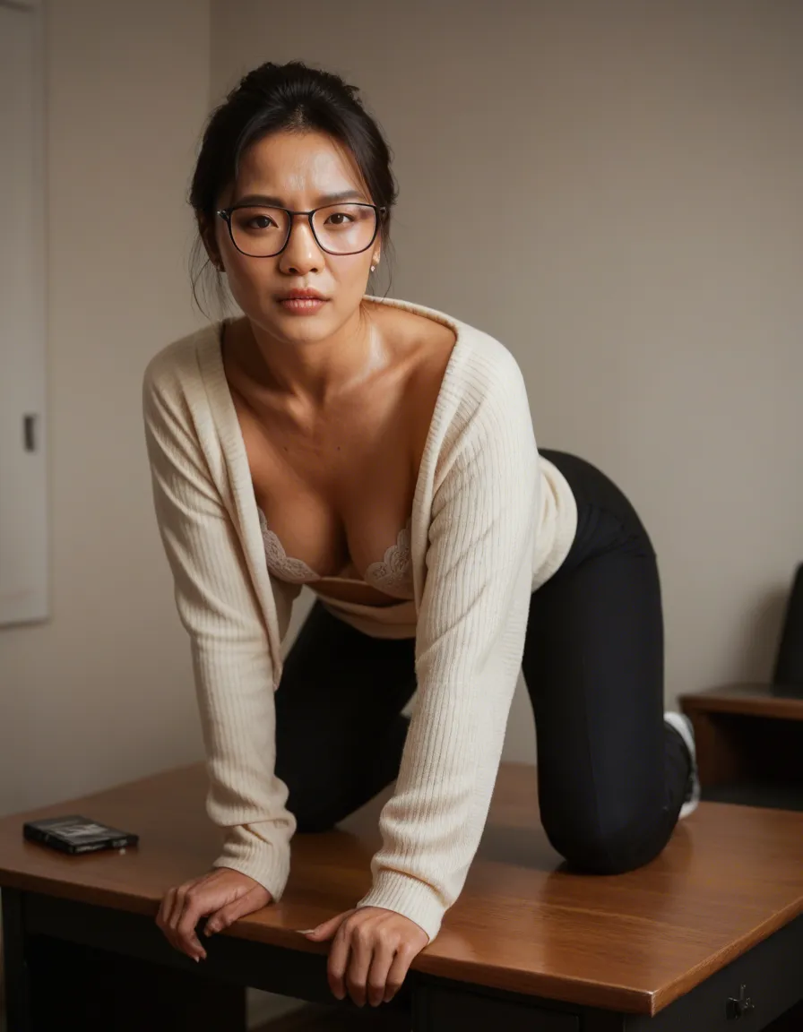 asian milf professor, glasses, small_breasts , tan sweater, white lace bra, black pants, sexually_suggestive, all fours, on desk, full_body,,, score_9, score_8, candid photo, realistic skin texture, visible skin pores, film grain, depth of field