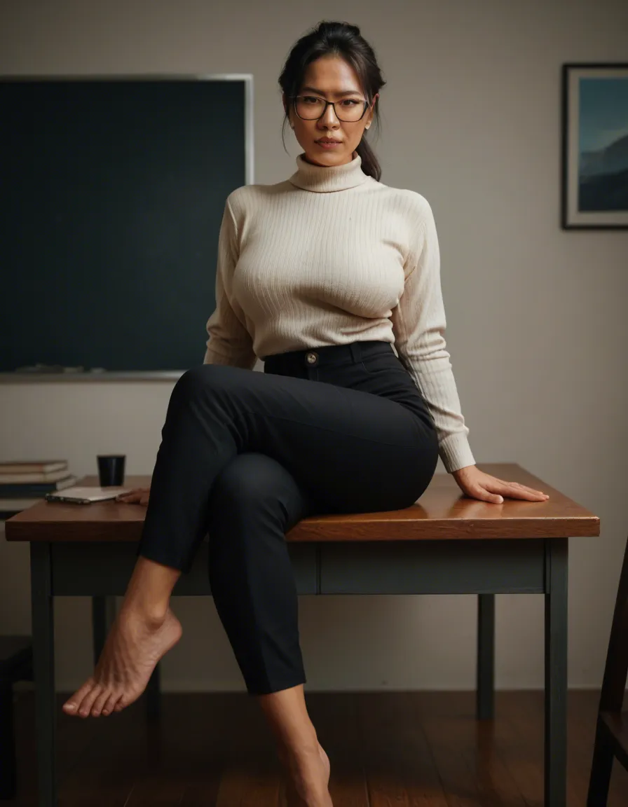 asian milf professor, glasses , tan sweater, black pants, sexually_suggestive, crossed_legs , sitting on desk, full_body,, score_9, score_8, candid photo, realistic skin texture, visible skin pores, film grain, depth of field