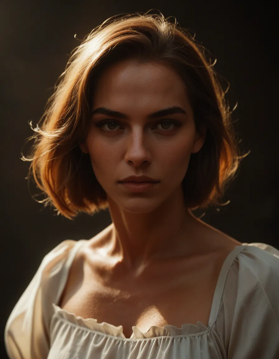 cinematic photo, 8k, solo, puffy sleeves, presenting, backlit, cinematic realism, score_9, score_8, candid photo, realistic skin texture, visible skin pores, film grain, depth of field