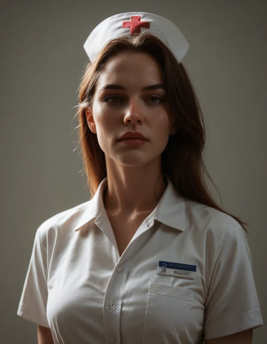 sharp focus, 8k uhd, nurse, collared shirt, futanari, soft lighting, cinematic realism, score_9, score_8, candid photo, realistic skin texture, visible skin pores, film grain, depth of field
