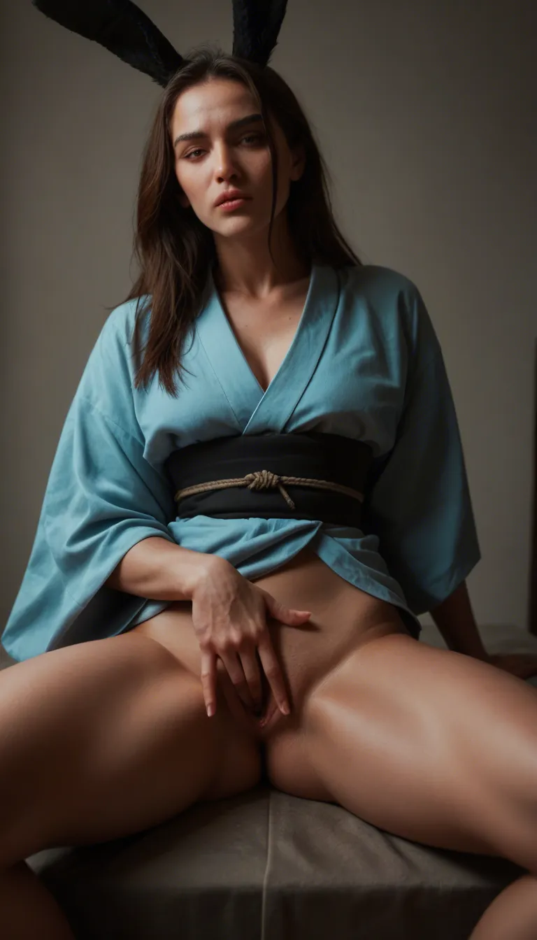 studio quality, sharp focus, bunny girl, thighs, japanese clothes, fingering, neon glow, film photography