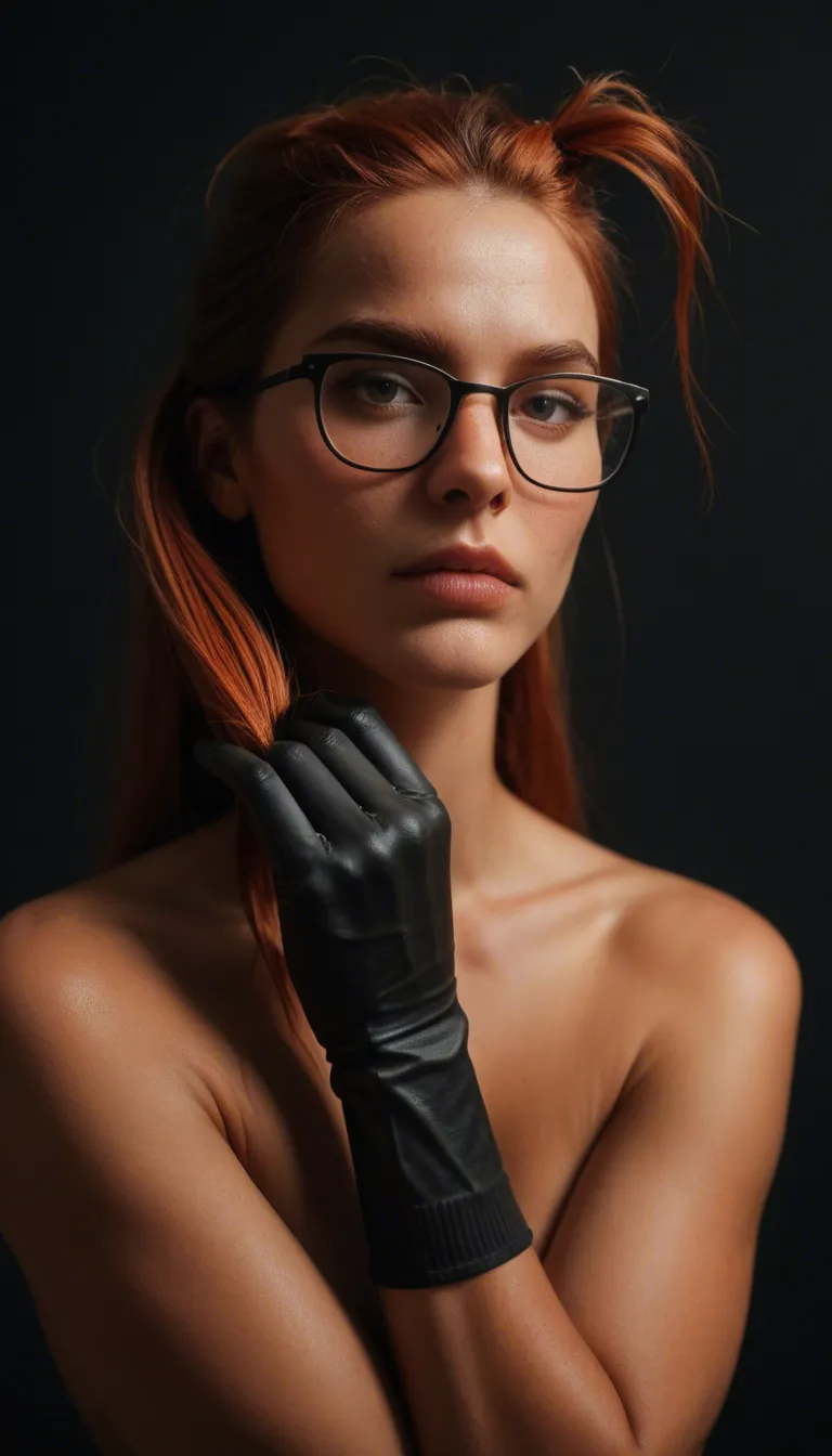 studio quality, sharp focus, redhead woman, glasses, black gloves, hair pull, black background, three-quarter view, natural skin texture