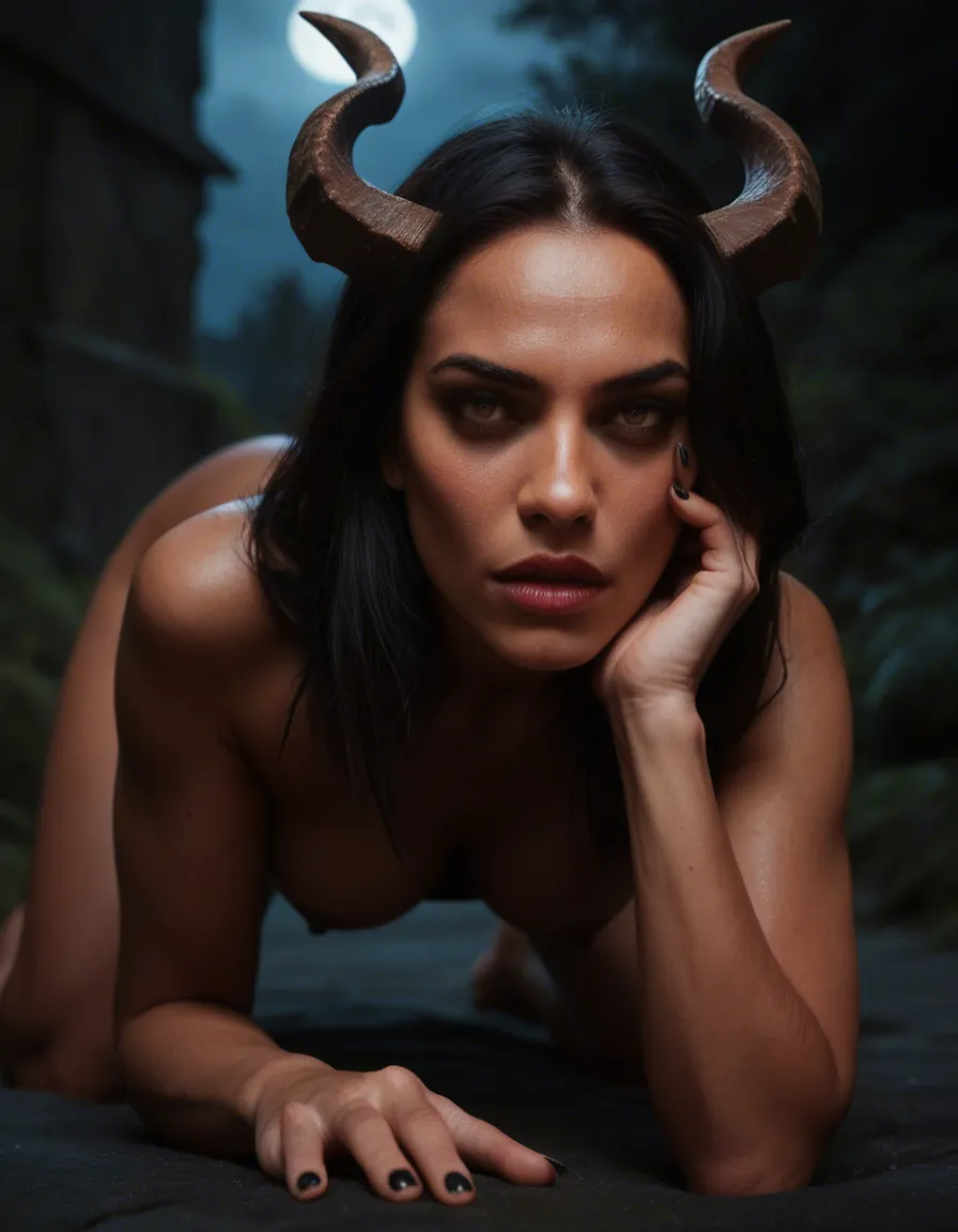 8k, sharp focus, detailed skin, full body, succubus, doggy style, nail polish, night, natural skin texture, score_9, score_8, candid photo, realistic skin texture, visible skin pores, film grain, depth of field