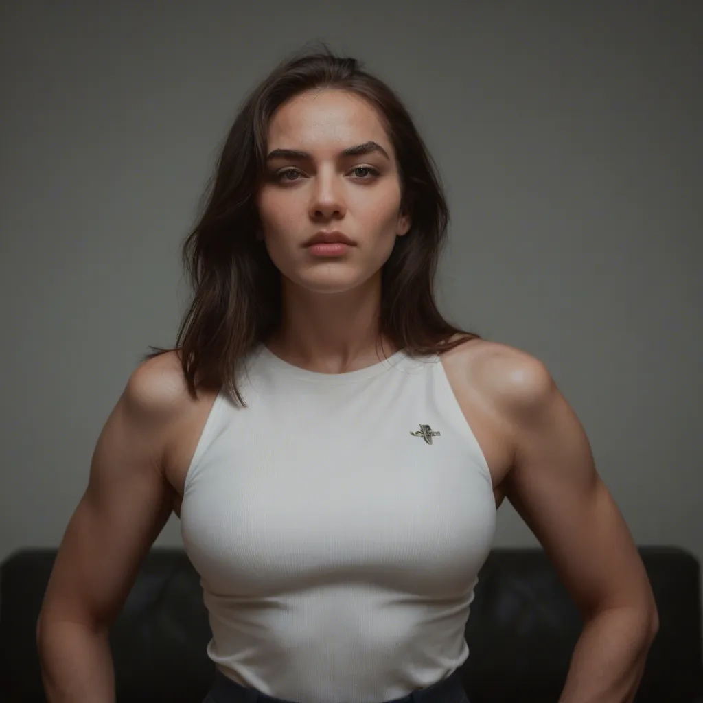 professional photo, high detail, brunette woman, sleeveless, grinding, photorealistic