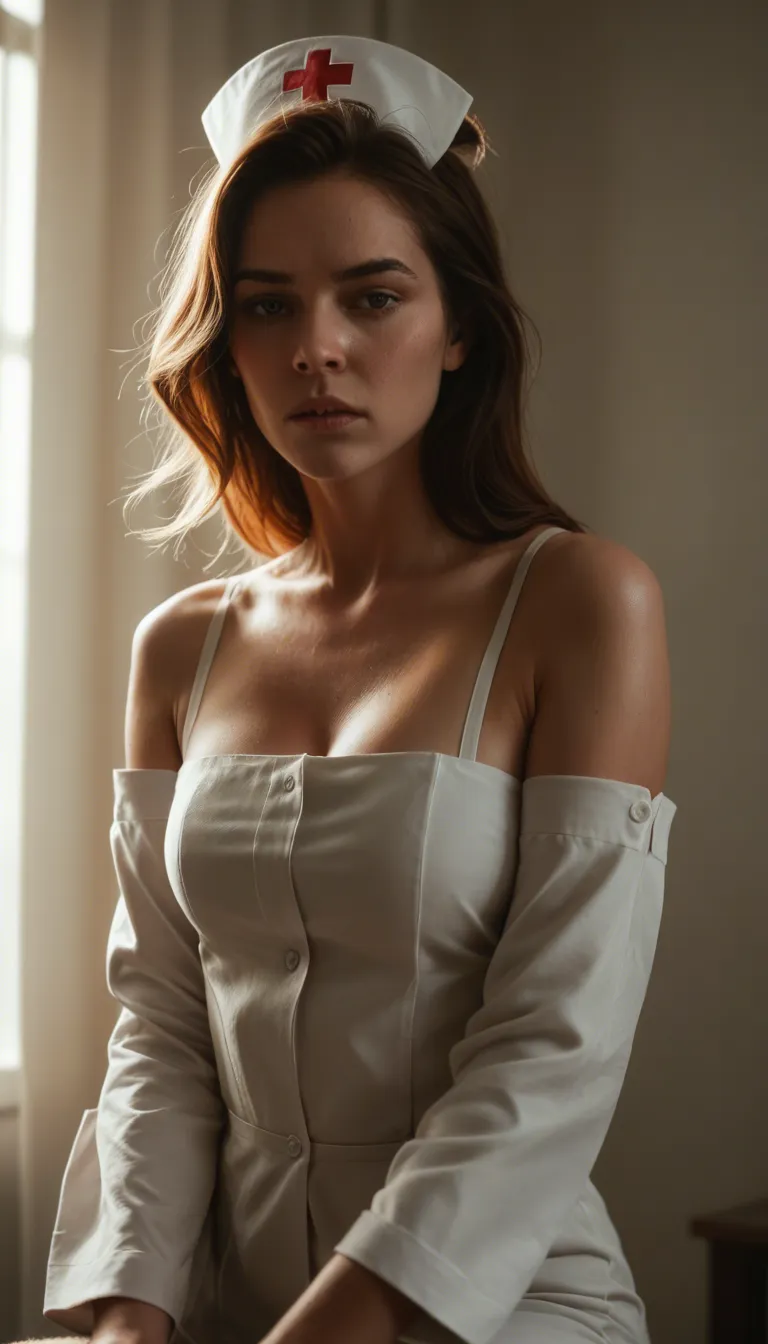 dslr, film grain, photorealistic, nurse, hair bow, detached sleeves, orgasm, backlit, film photography