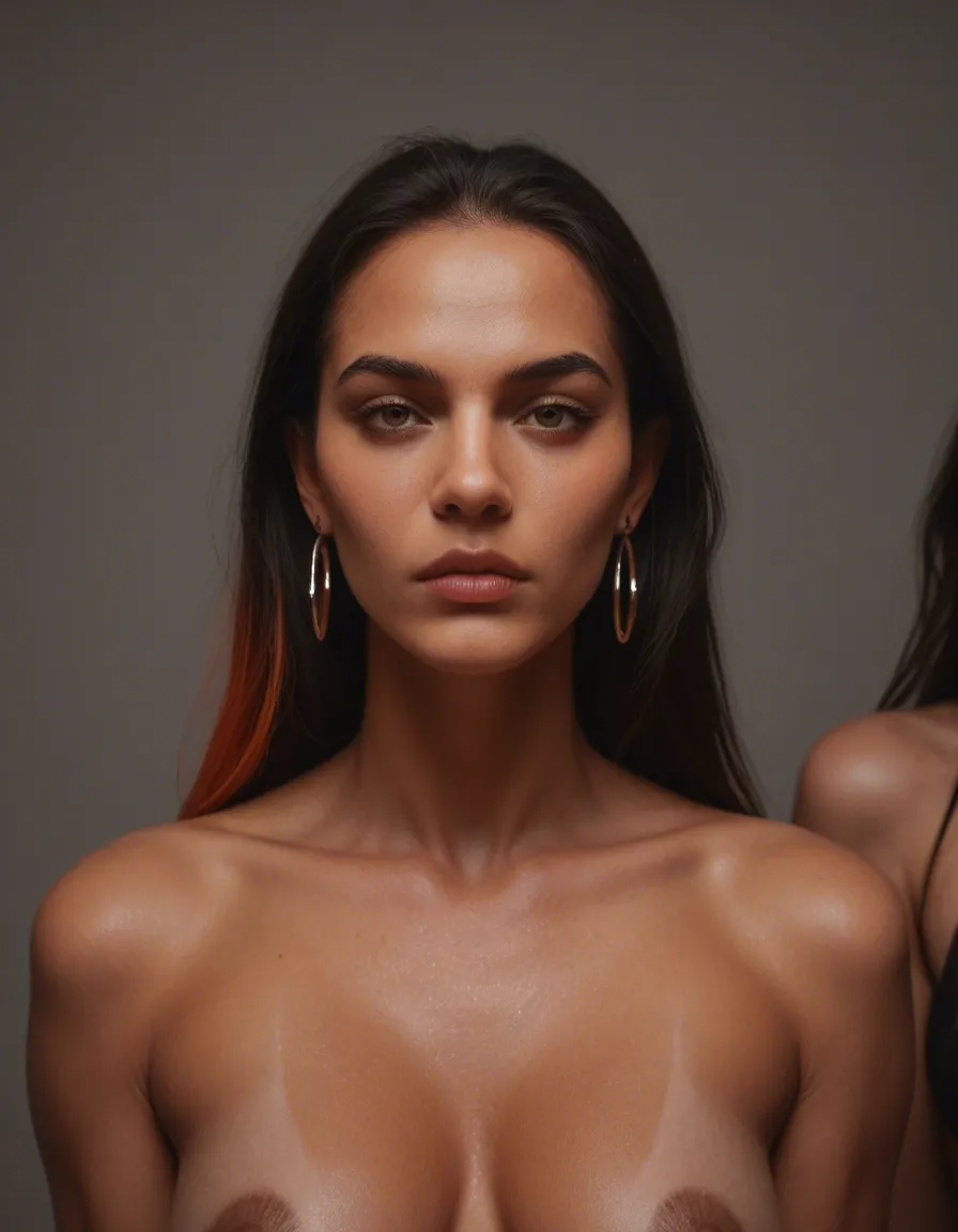 8k, sharp focus, detailed skin, 3women, two-tone hair, earrings, presenting, studio photo, score_9, score_8, candid photo, realistic skin texture, visible skin pores, film grain, depth of field