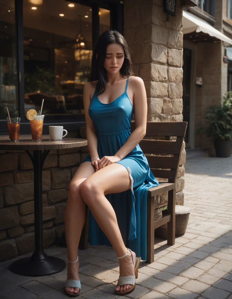 woman 30 years old long black hair, cute heart shaped face, blue eyes, orgasm , facing_away ,erect nipples. Sitting outside cafe across walkway, legs_together ,panties around knees. Wearing short blue A line dress , silver lace sandals , masturbation , female_masturbation, fingering, score_9, score_8, candid photo, realistic skin texture, visible skin pores, film grain, depth of field