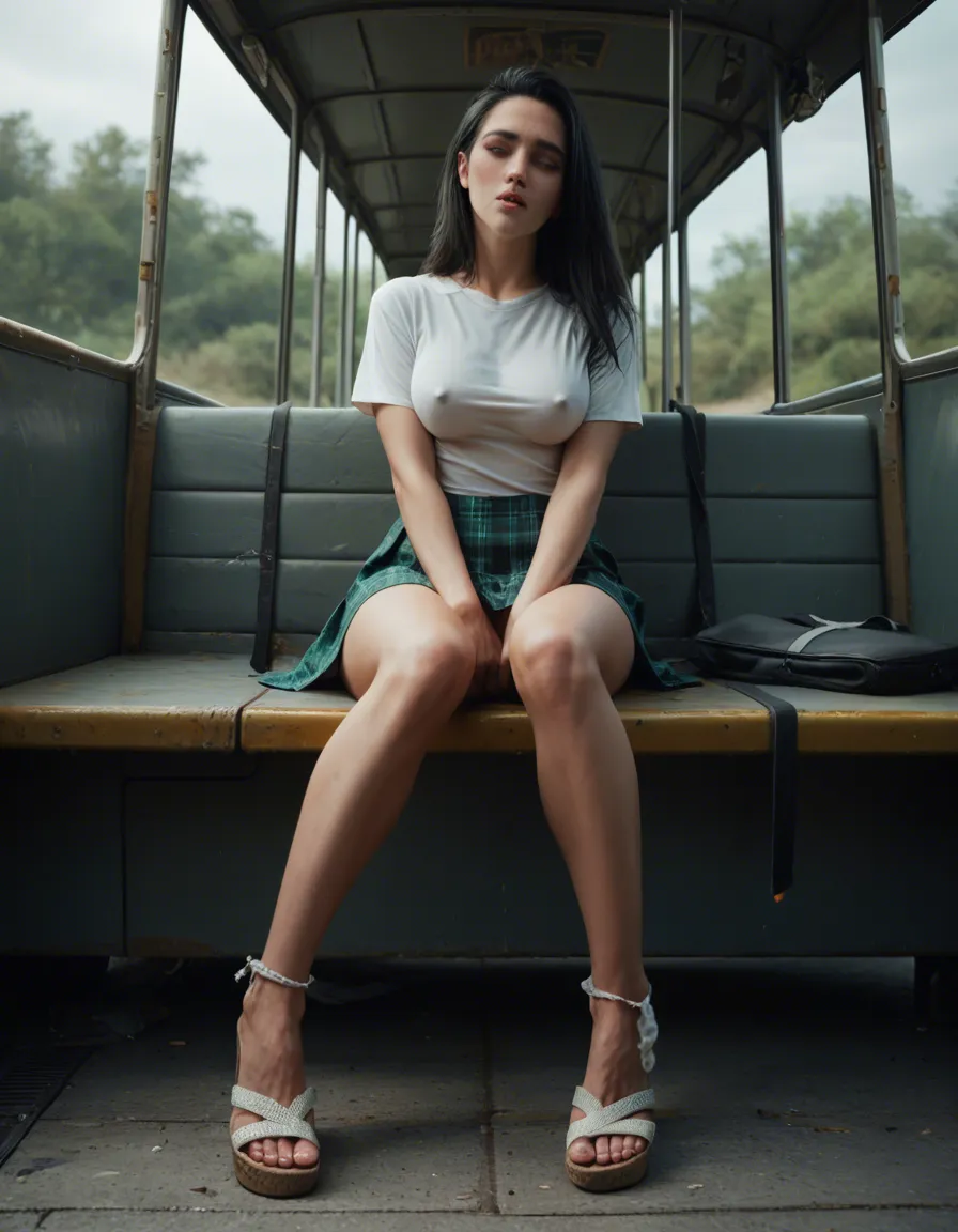 woman 25 years old long black hair, cute heart shaped face, green eyes, orgasm , facing_away head_tilt ,erect nipples. Sitting on bus across walkway, legs_together , panties around ankles. Wearing short plaid_skirt , silver lace sandals , masturbation , female_masturbation, female_pubic_hair, score_9, score_8, candid photo, realistic skin texture, visible skin pores, film grain, depth of field