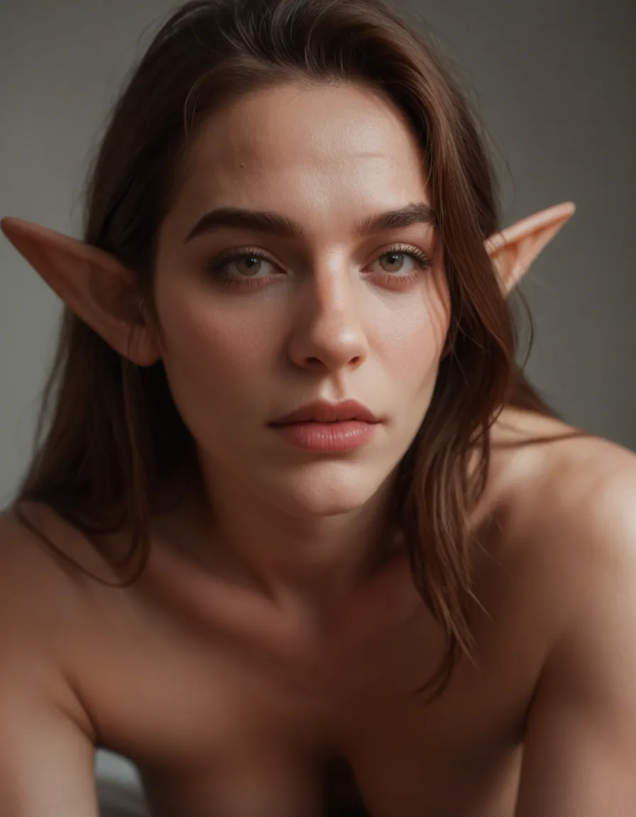 RAW photo, ultra realistic, close-up, elf woman, doggy style, buttons, photorealistic, score_9, score_8, candid photo, realistic skin texture, visible skin pores, film grain, depth of field